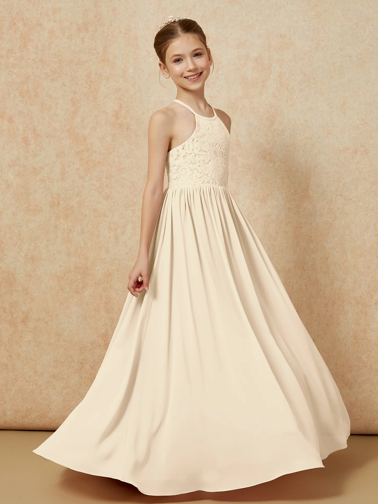 Pleated Lace Chiffion Long Junior Bridesmaid Dress Champagne - Image 3
