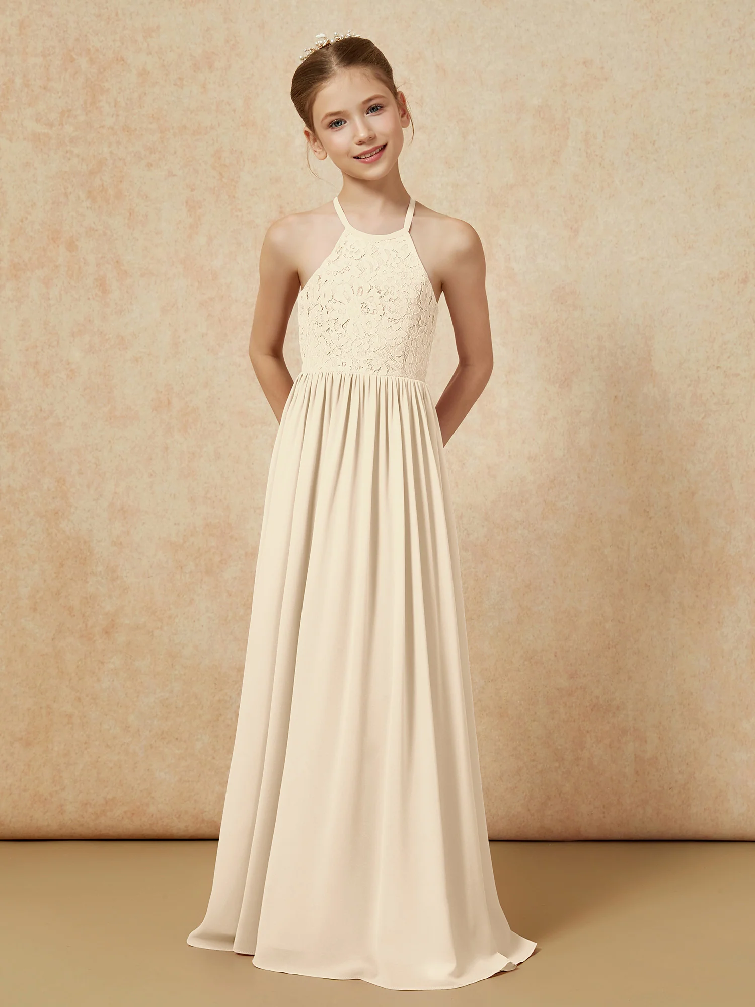 Pleated Lace Chiffion Long Junior Bridesmaid Dress Champagne - Image 4