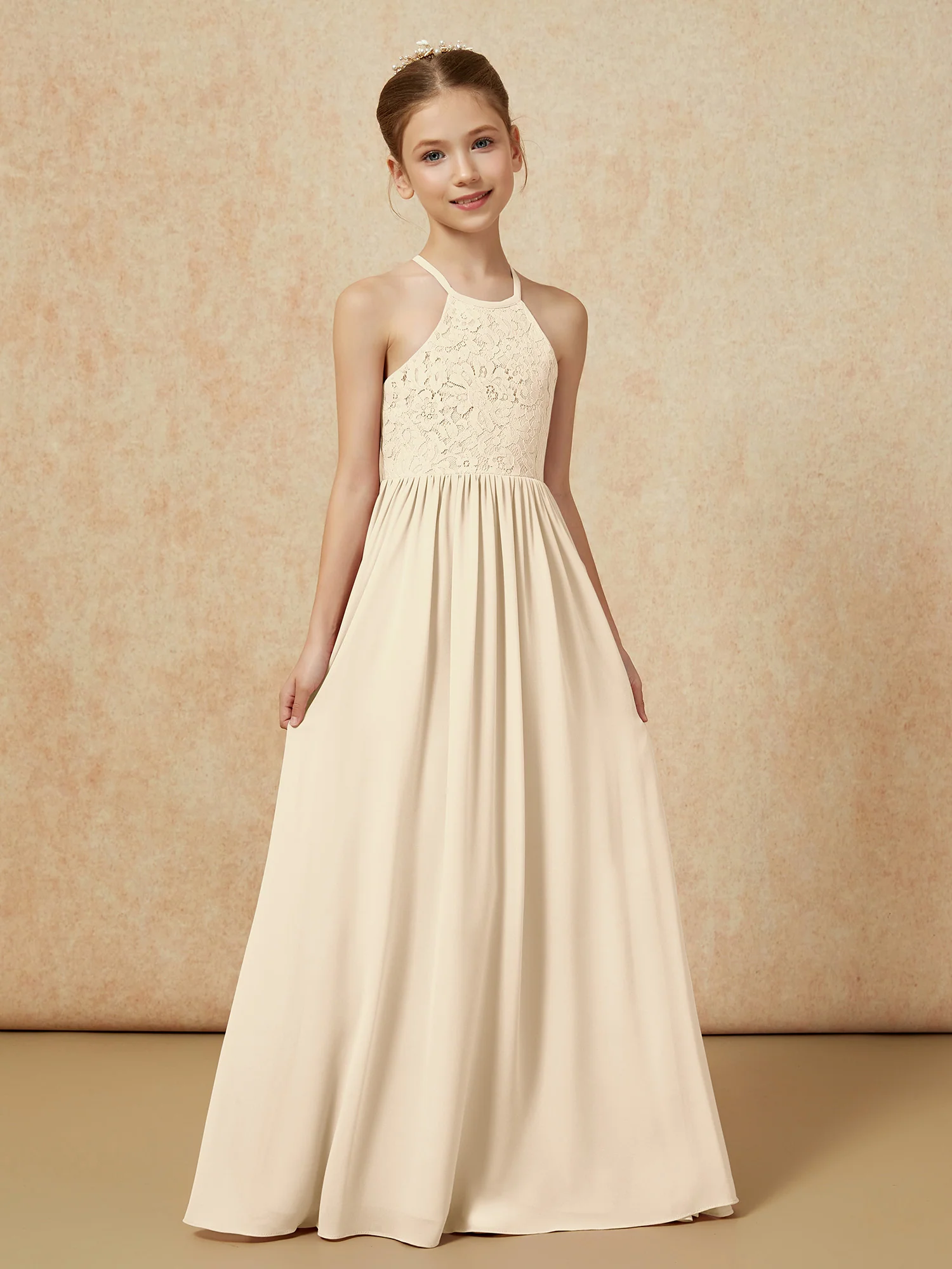 Pleated Lace Chiffion Long Junior Bridesmaid Dress Champagne - Image 5