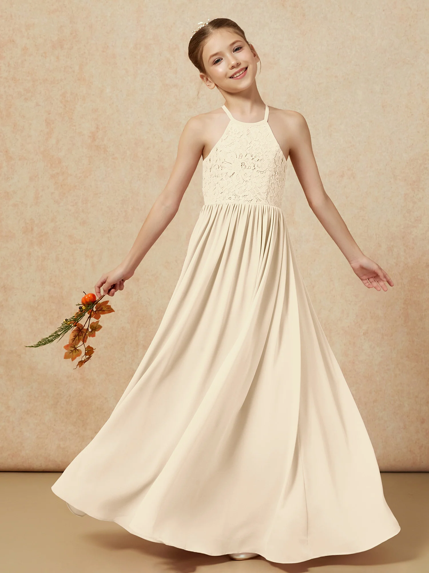 Pleated Lace Chiffion Long Junior Bridesmaid Dress Champagne - Image 7