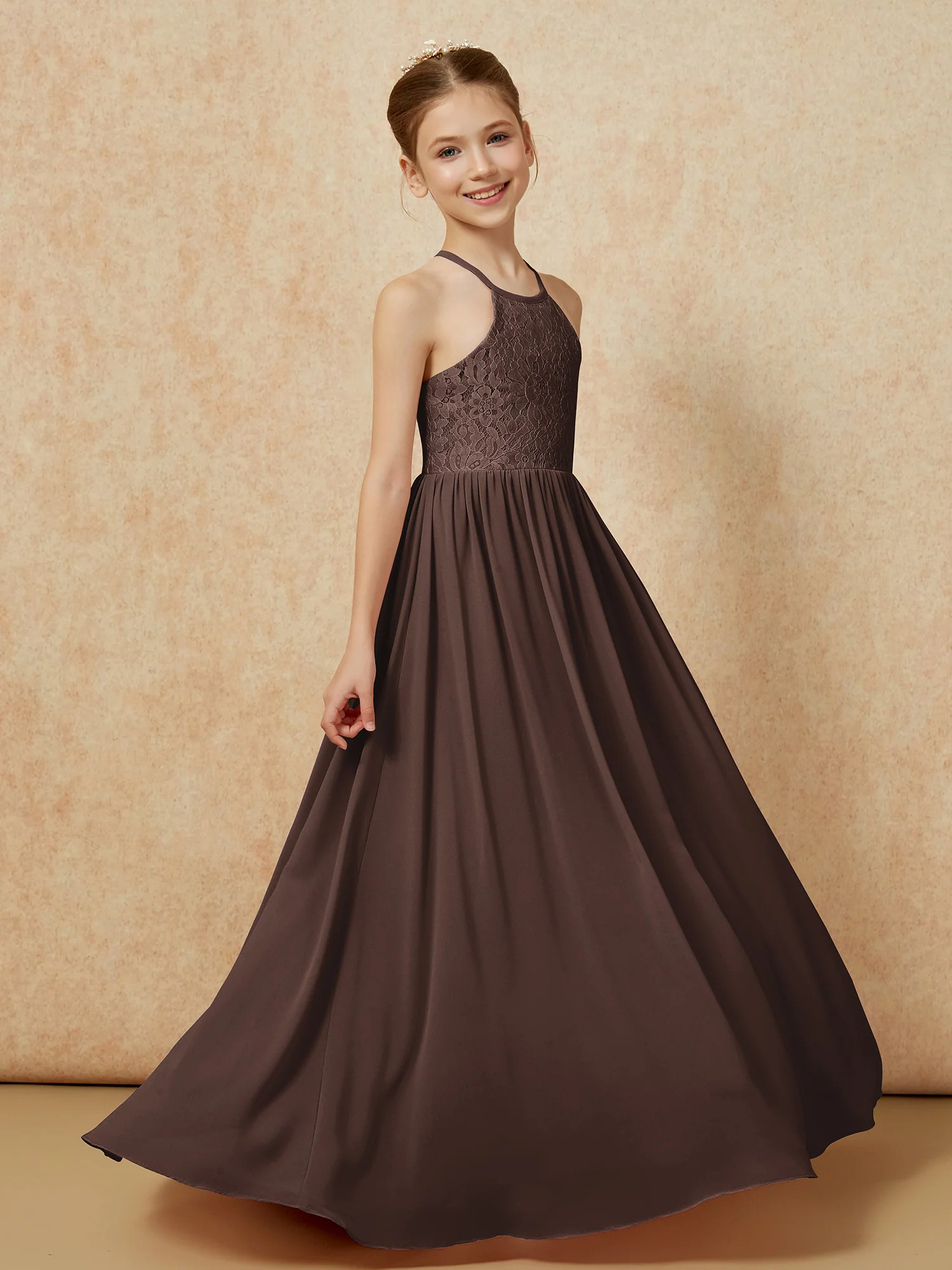 Pleated Lace Chiffion Long Junior Bridesmaid Dress Chocolate - Image 3