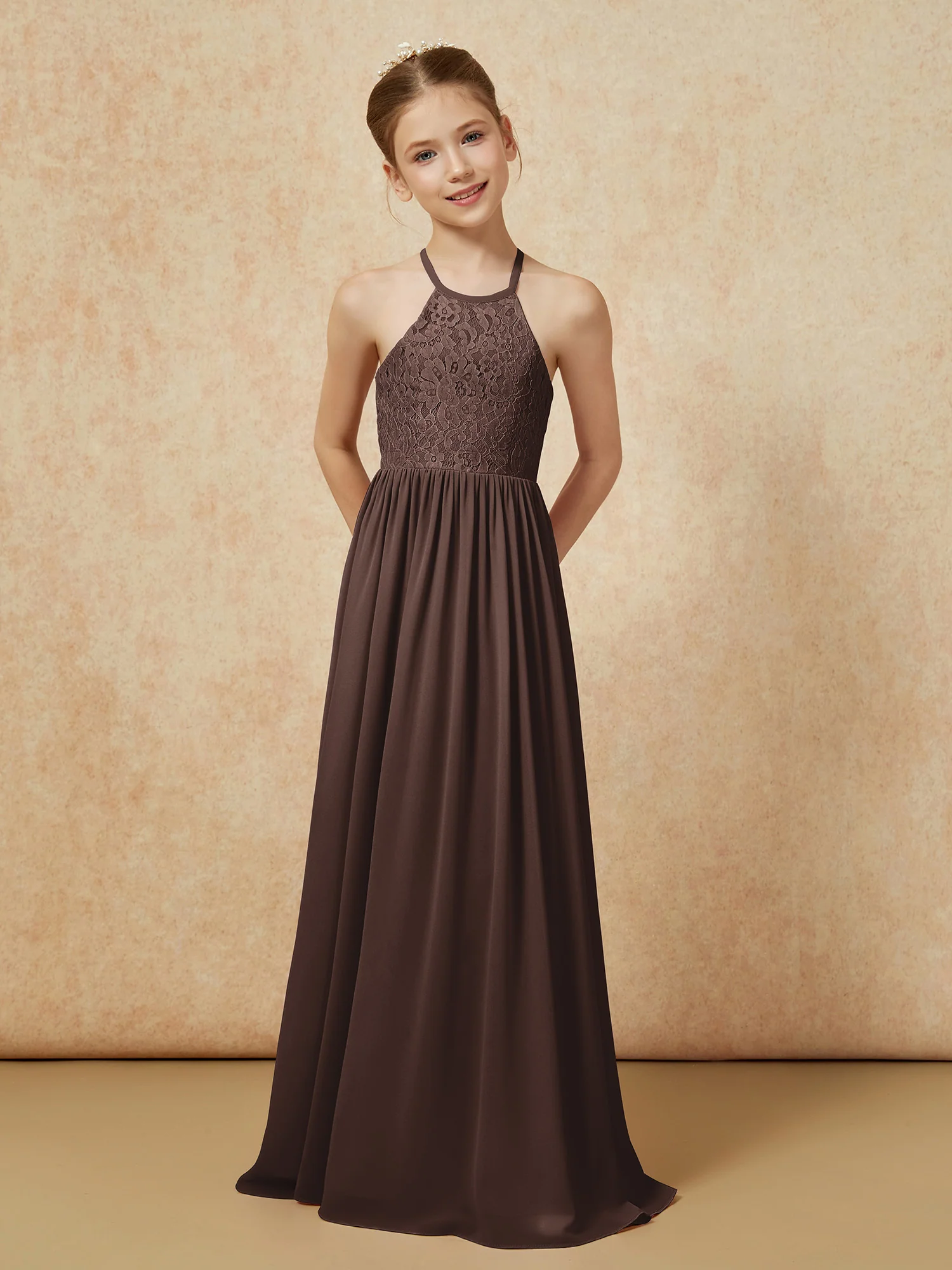 Pleated Lace Chiffion Long Junior Bridesmaid Dress Chocolate - Image 4