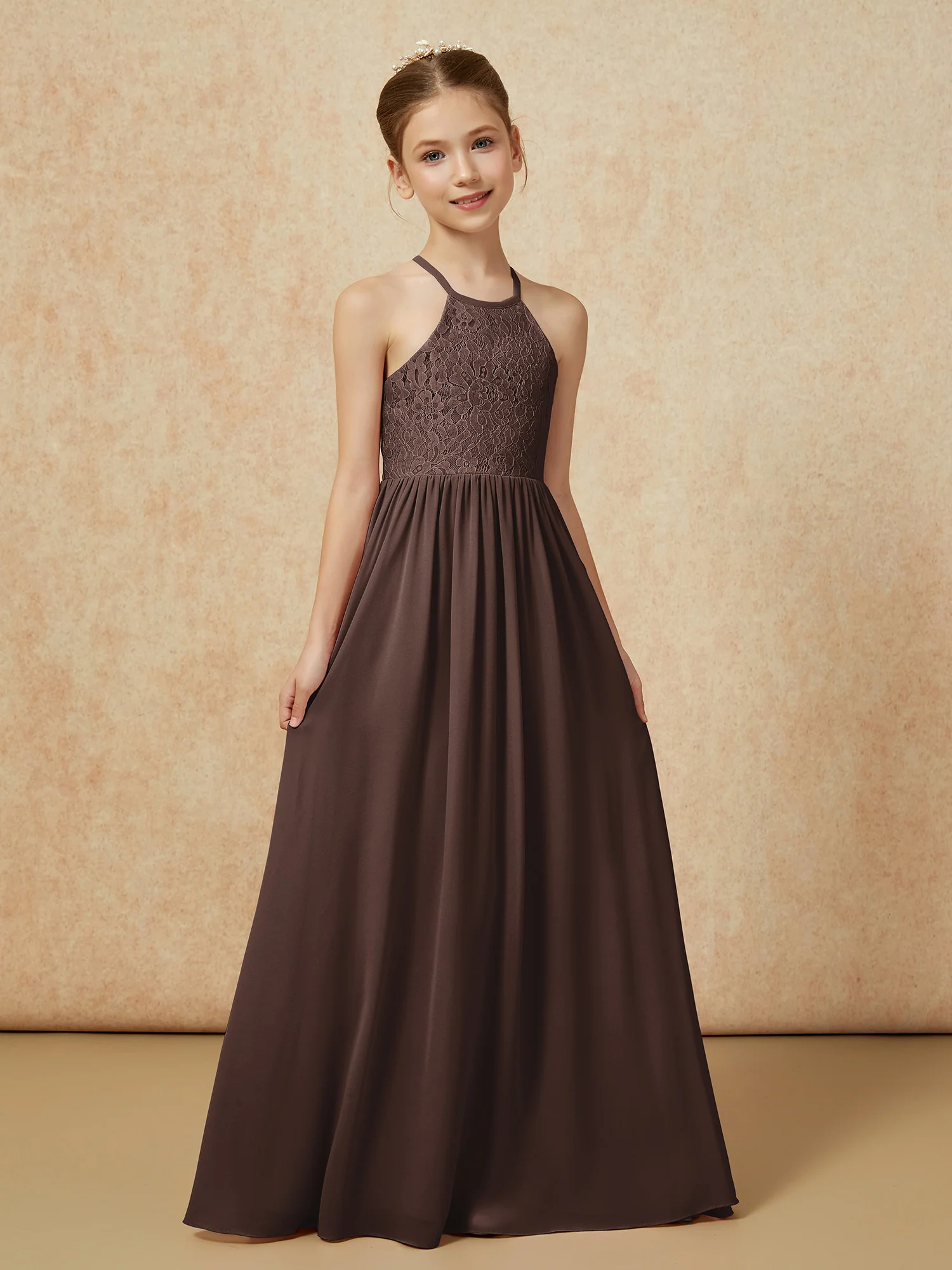 Pleated Lace Chiffion Long Junior Bridesmaid Dress Chocolate - Image 5