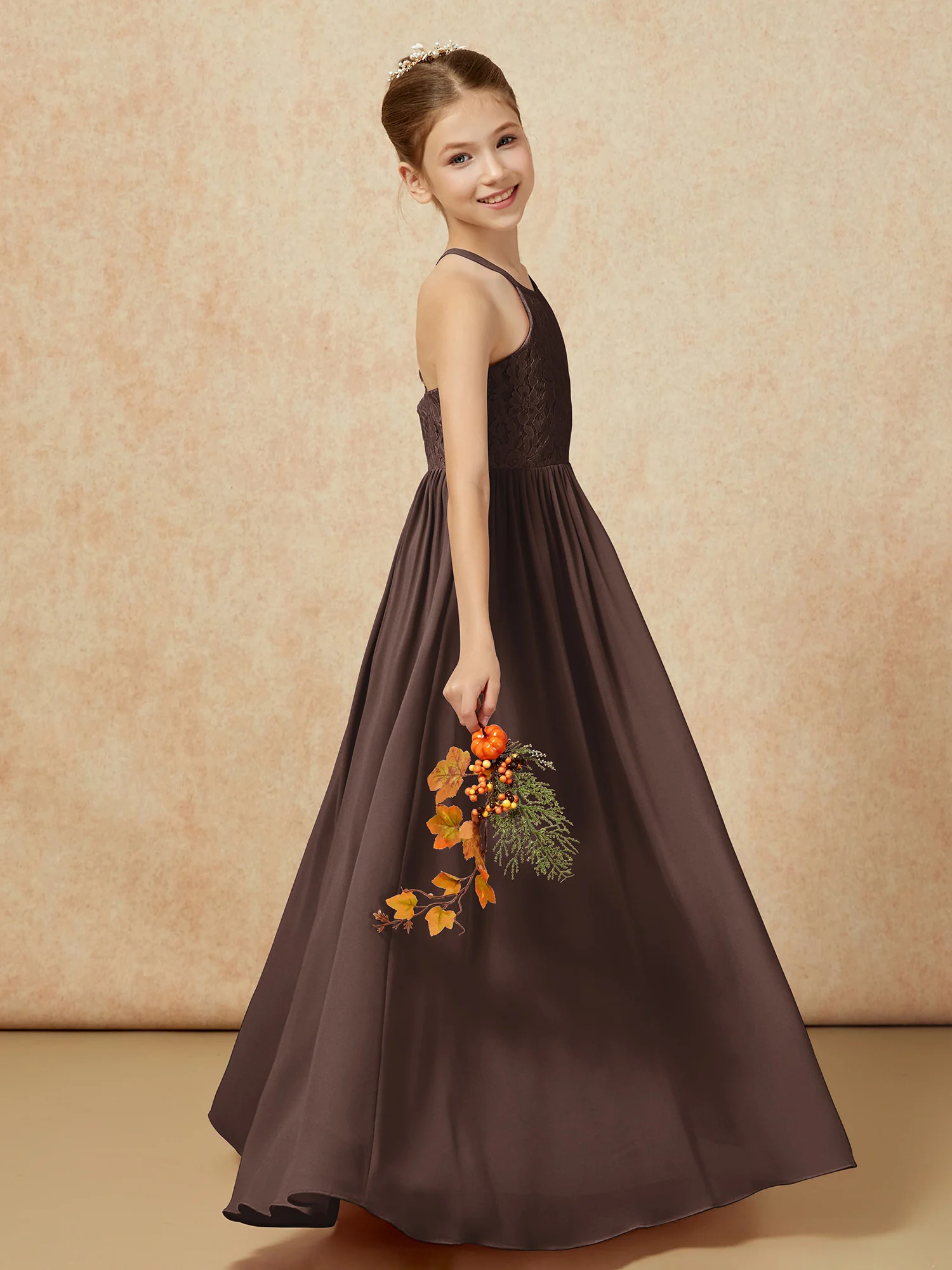 Pleated Lace Chiffion Long Junior Bridesmaid Dress Chocolate - Image 6