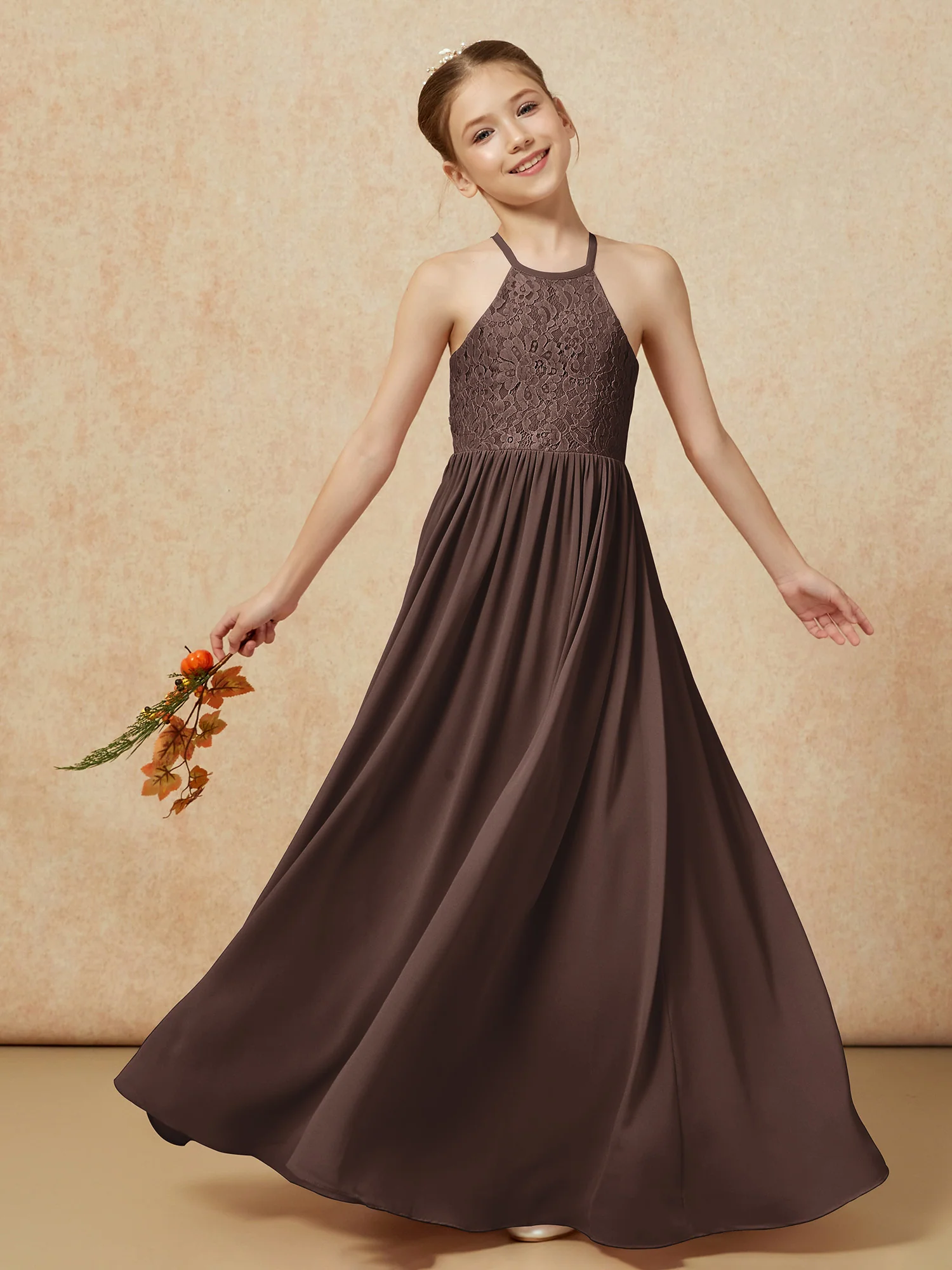 Pleated Lace Chiffion Long Junior Bridesmaid Dress Chocolate - Image 7