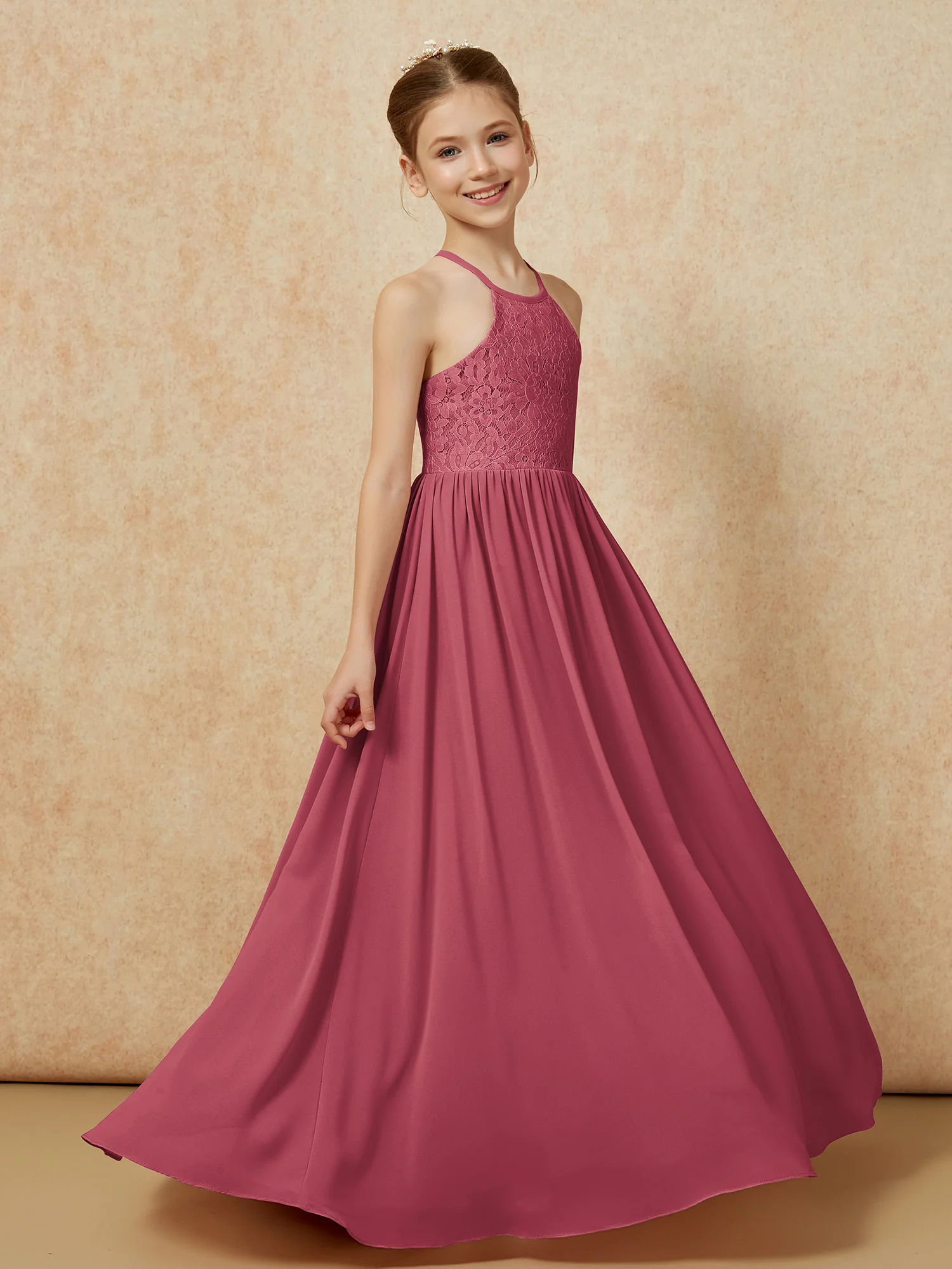 Pleated Lace Chiffion Long Junior Bridesmaid Dress Cinnamon Rose - Image 3