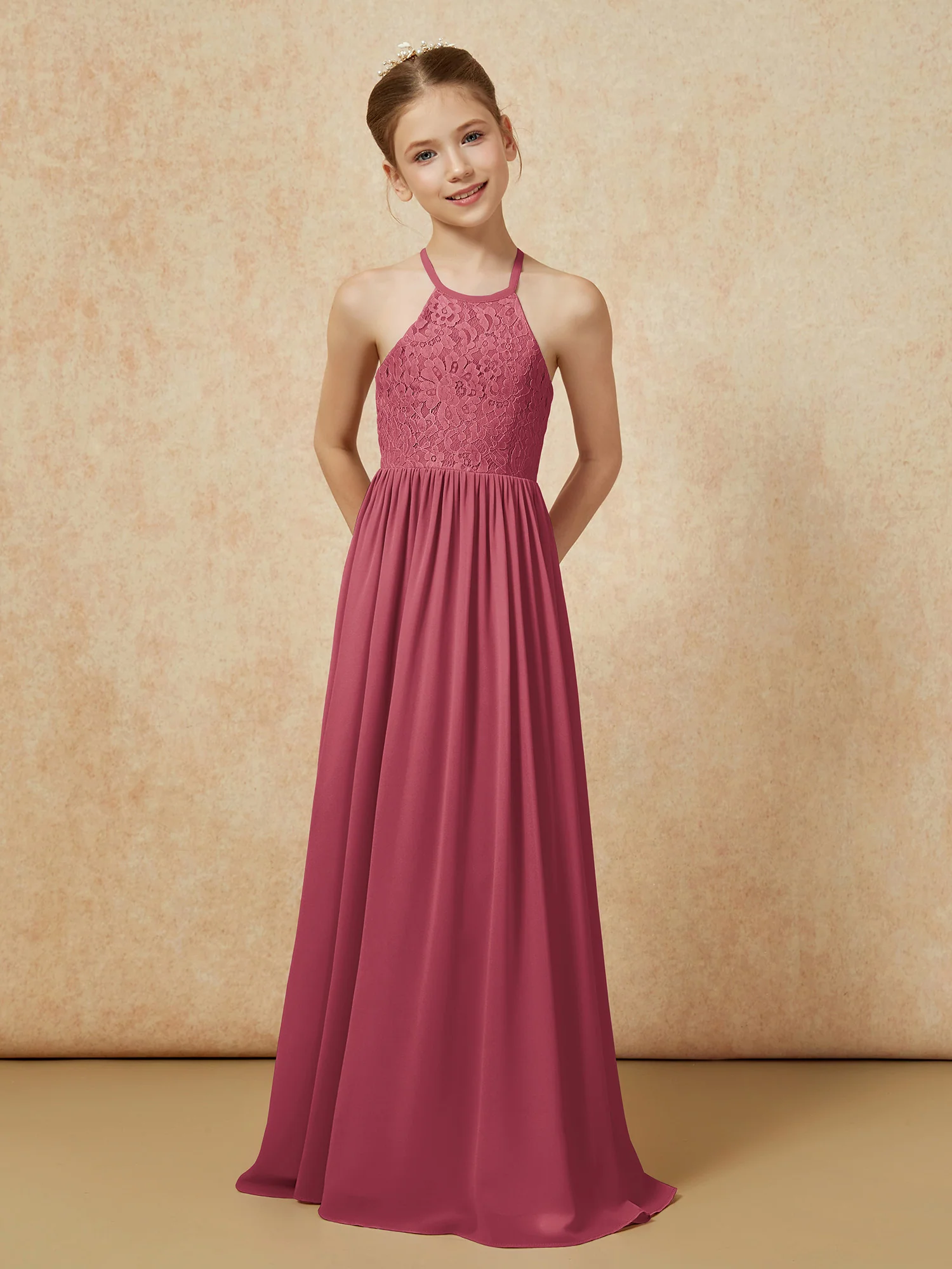 Pleated Lace Chiffion Long Junior Bridesmaid Dress Cinnamon Rose - Image 4
