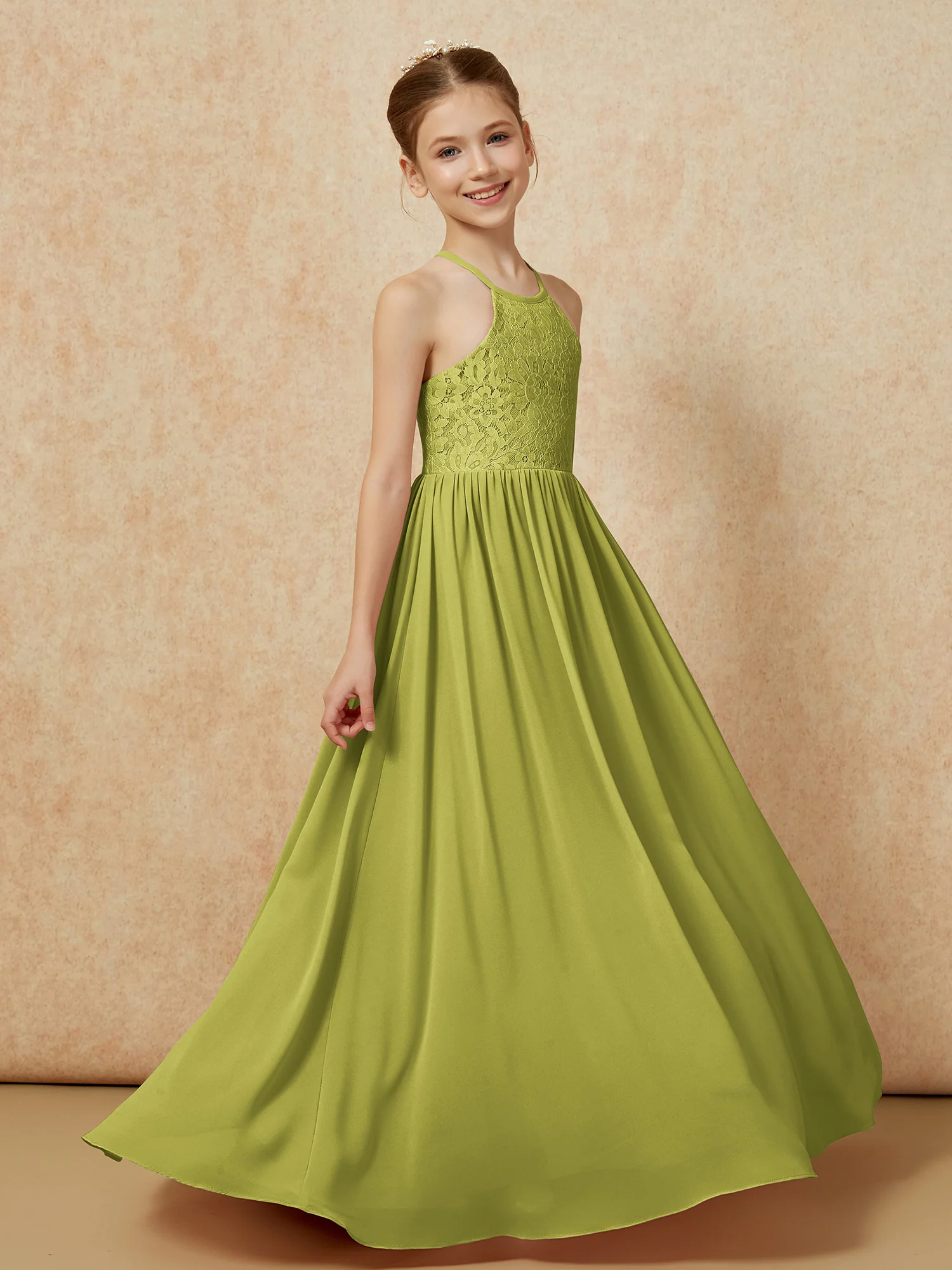 Pleated Lace Chiffion Long Junior Bridesmaid Dress Clover - Image 3