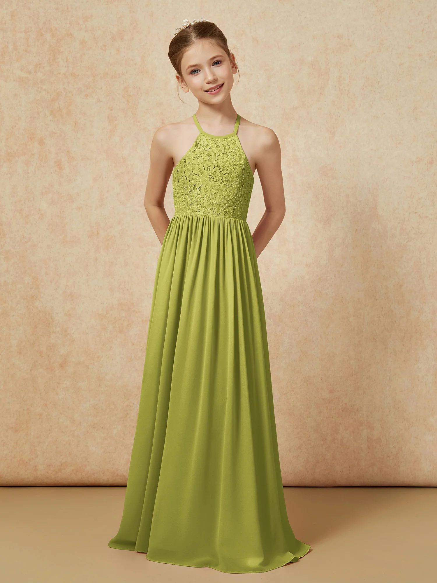 Pleated Lace Chiffion Long Junior Bridesmaid Dress Clover - Image 4