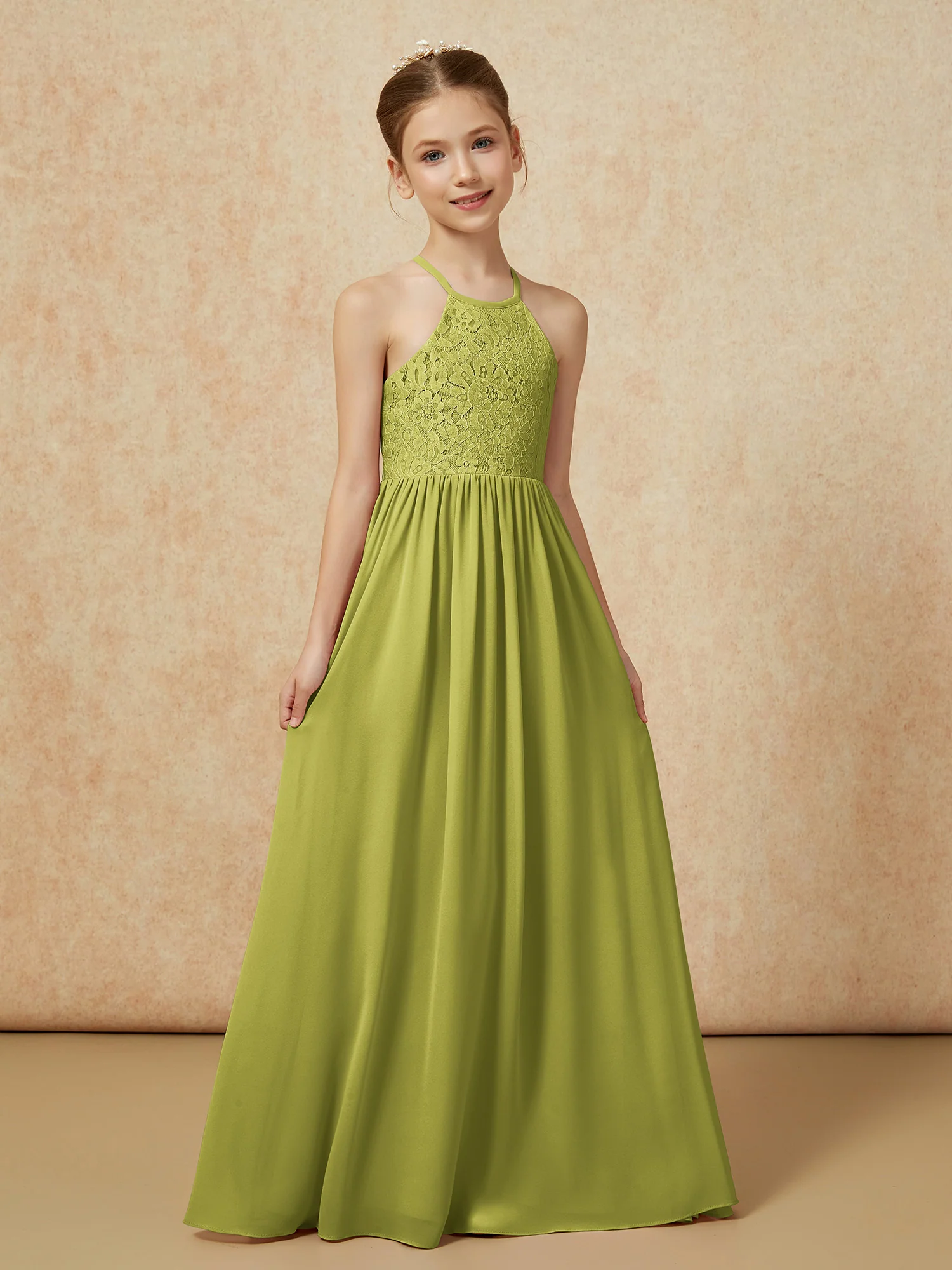 Pleated Lace Chiffion Long Junior Bridesmaid Dress Clover - Image 5