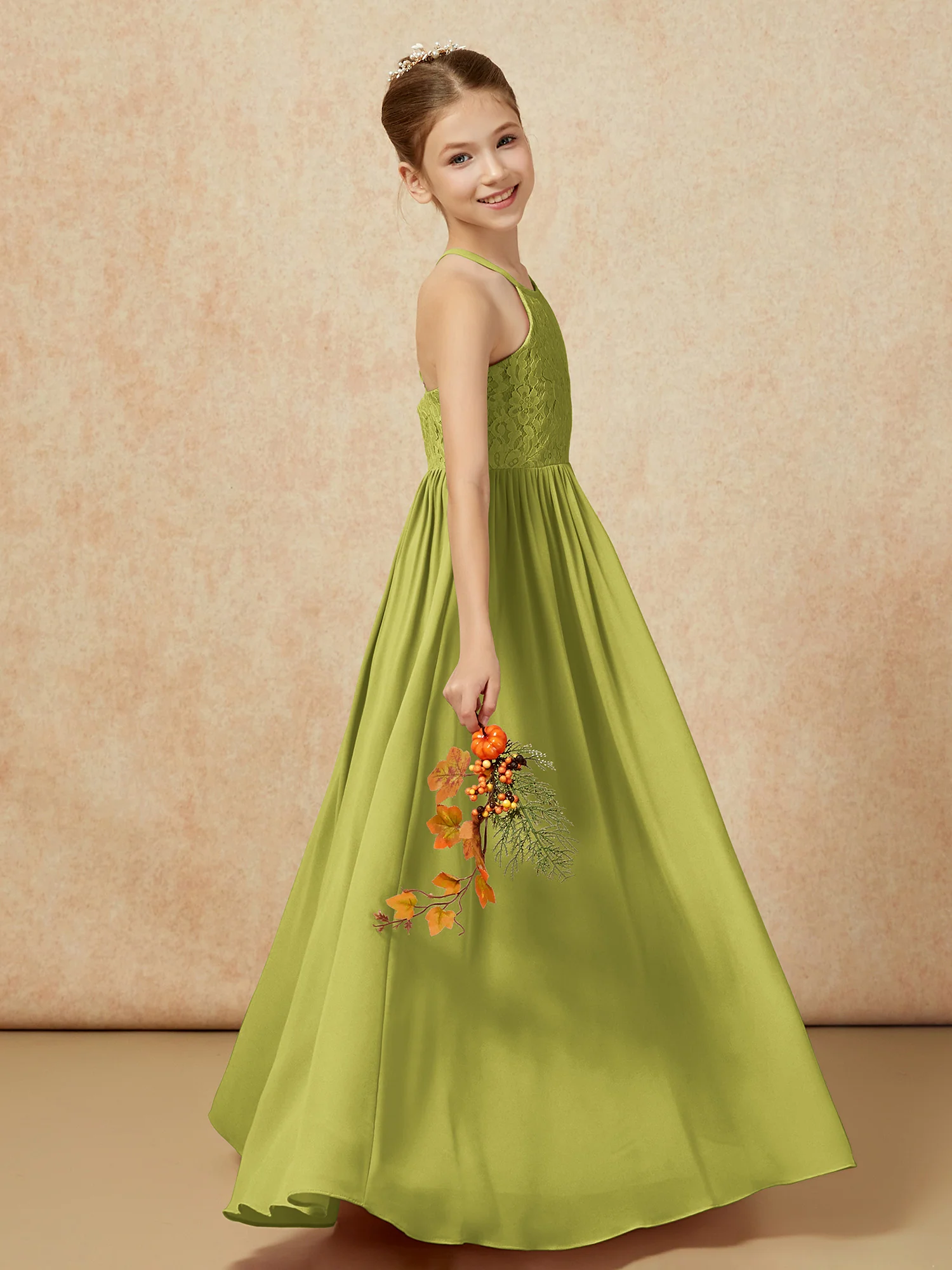 Pleated Lace Chiffion Long Junior Bridesmaid Dress Clover - Image 6