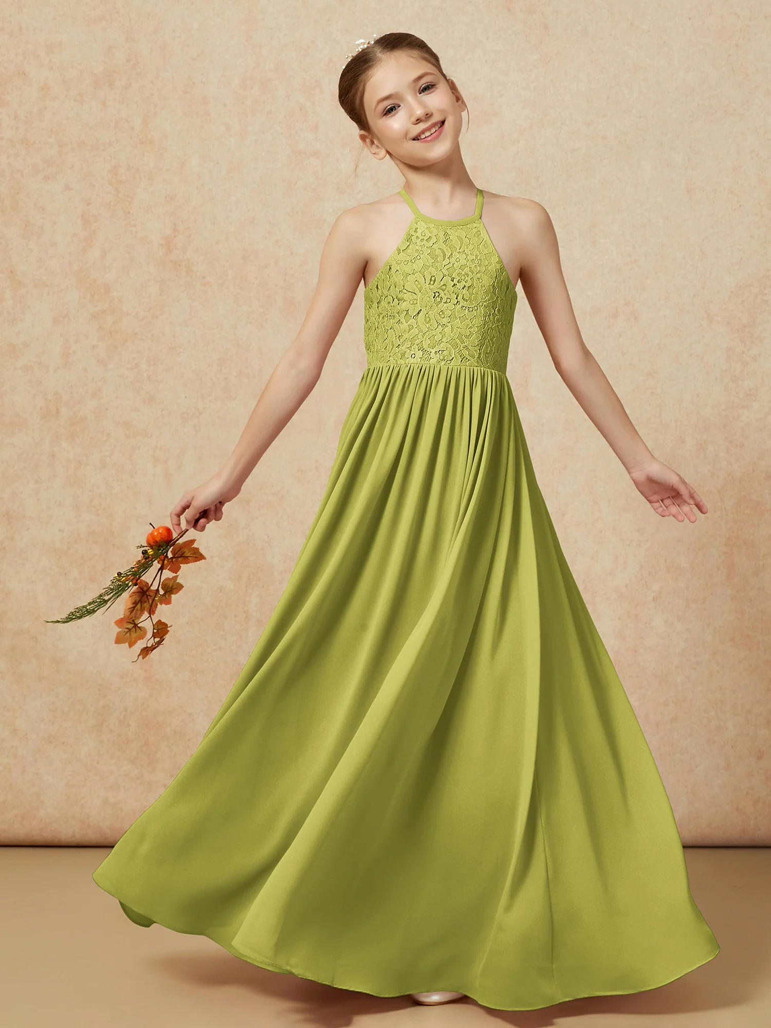 Pleated Lace Chiffion Long Junior Bridesmaid Dress Clover - Image 7