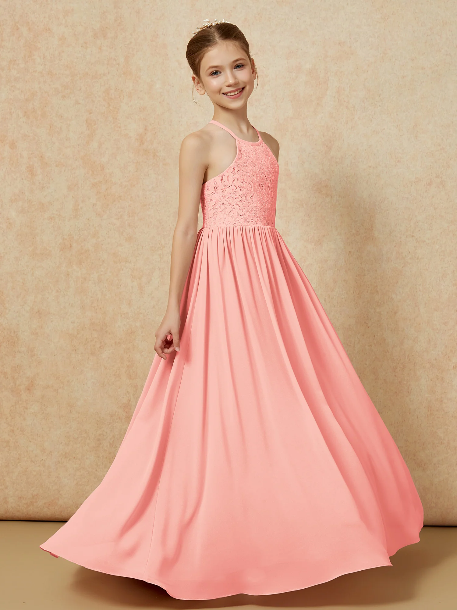 Pleated Lace Chiffion Long Junior Bridesmaid Dress Coral - Image 3