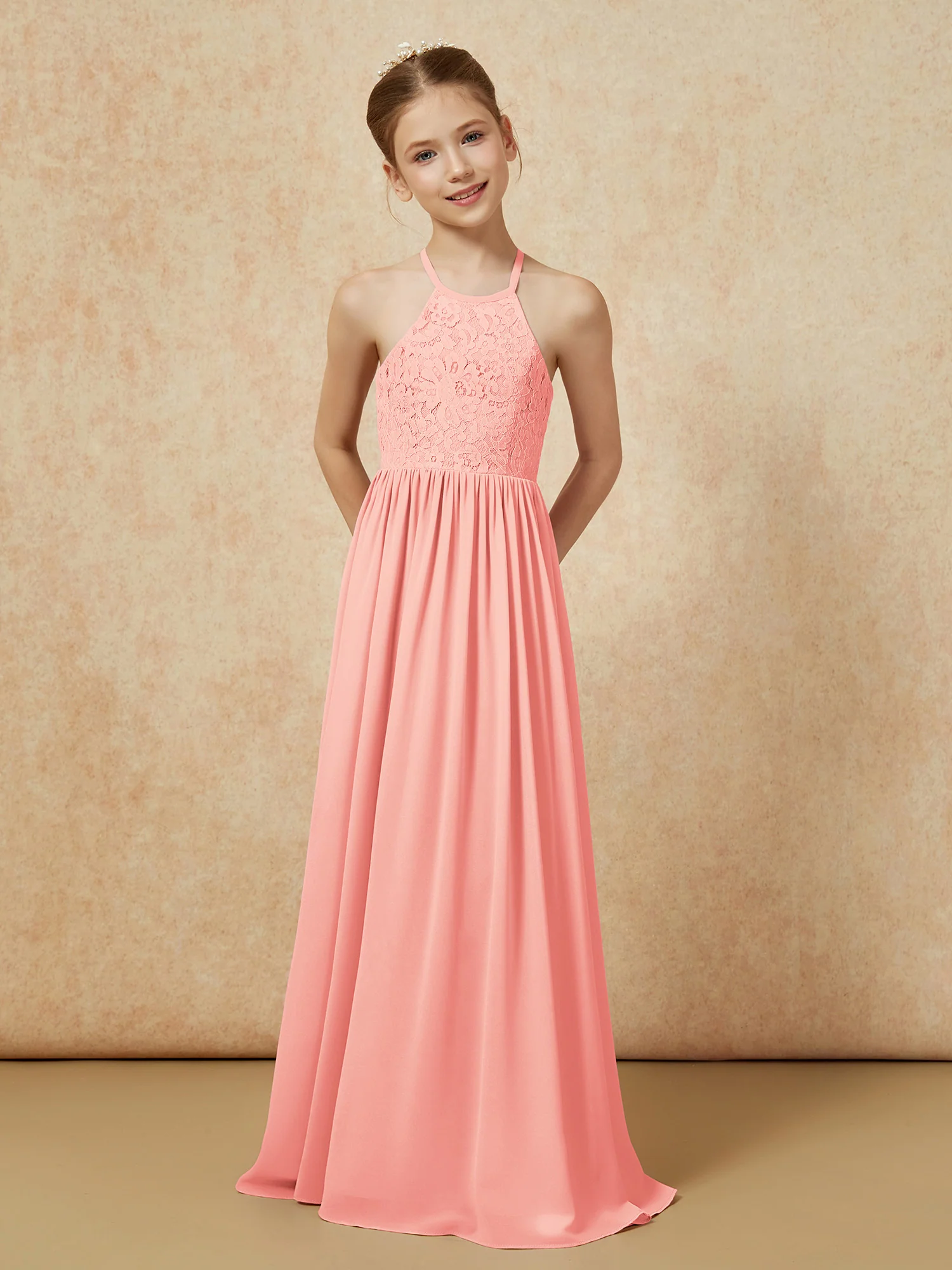 Pleated Lace Chiffion Long Junior Bridesmaid Dress Coral - Image 4