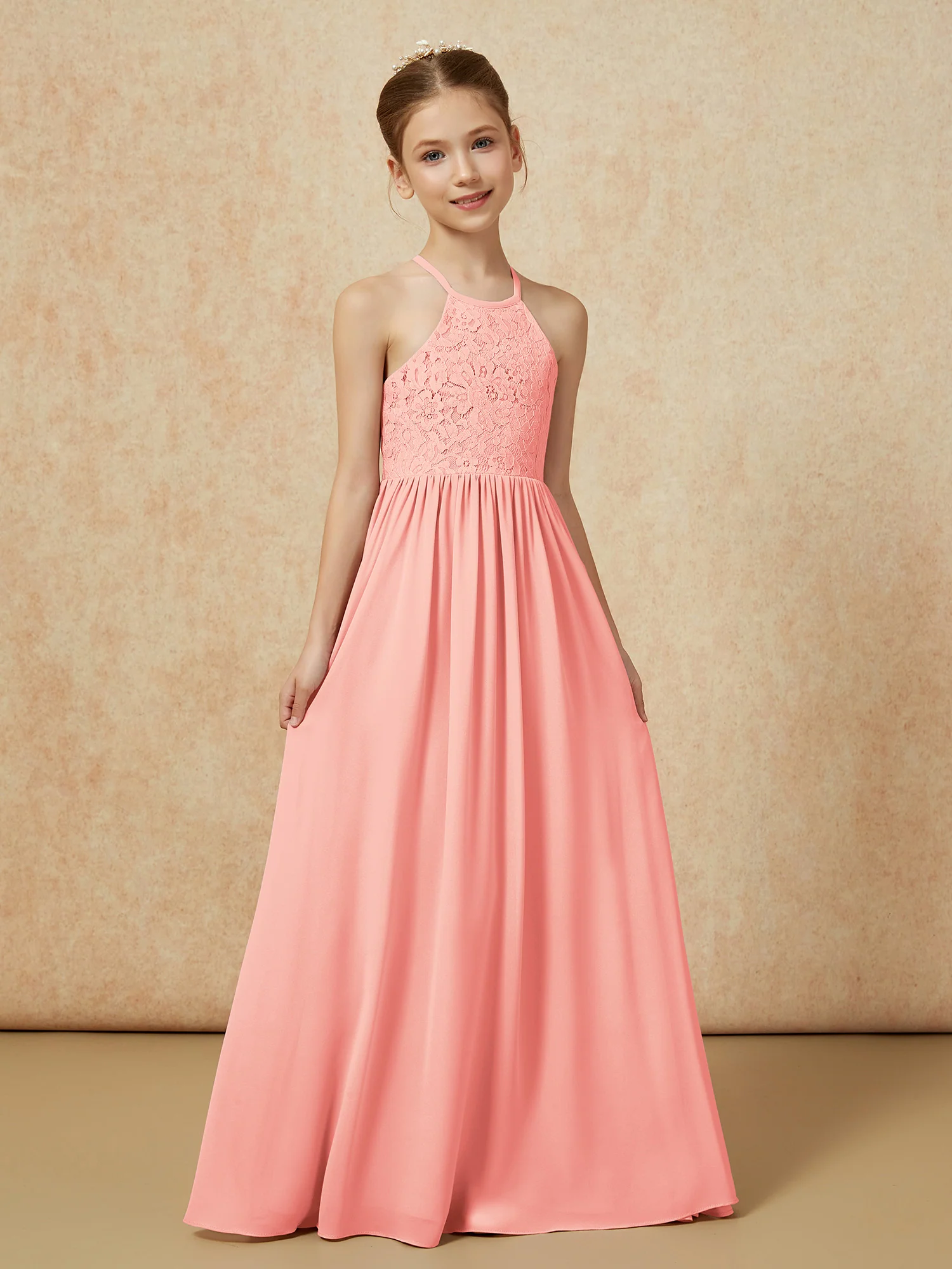 Pleated Lace Chiffion Long Junior Bridesmaid Dress Coral - Image 5