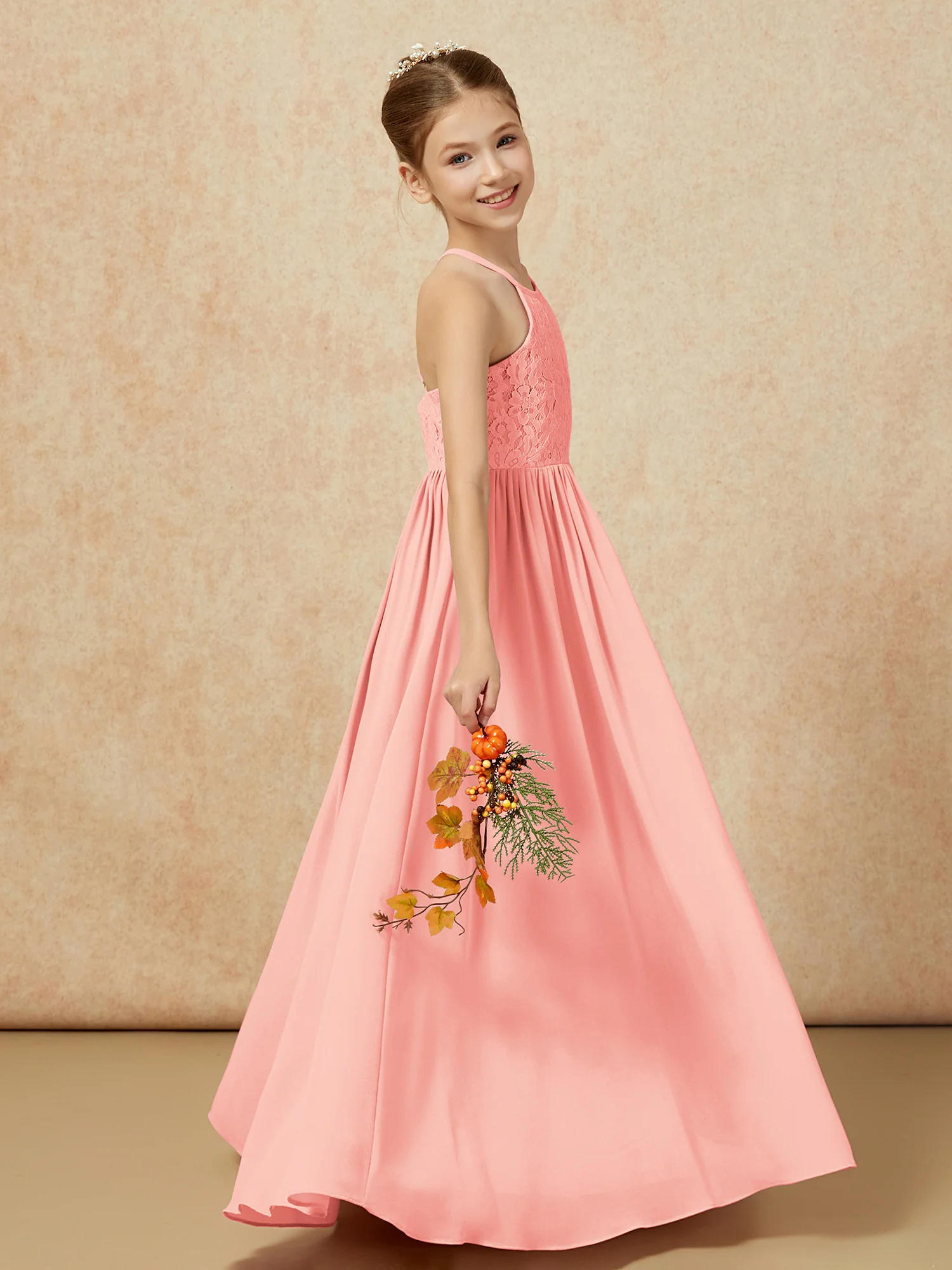Pleated Lace Chiffion Long Junior Bridesmaid Dress Coral - Image 6