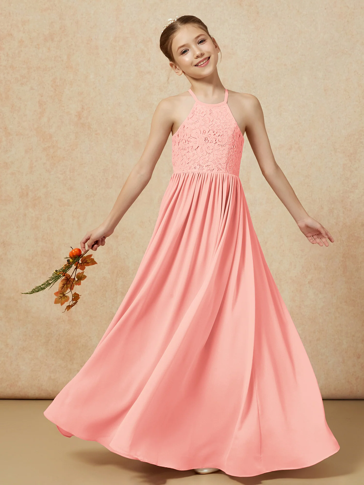 Pleated Lace Chiffion Long Junior Bridesmaid Dress Coral - Image 7