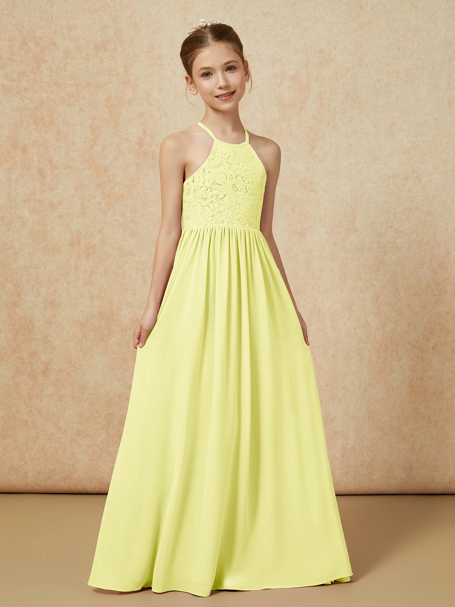 Pleated Lace Chiffion Long Junior Bridesmaid Dress Daffodil - Image 5