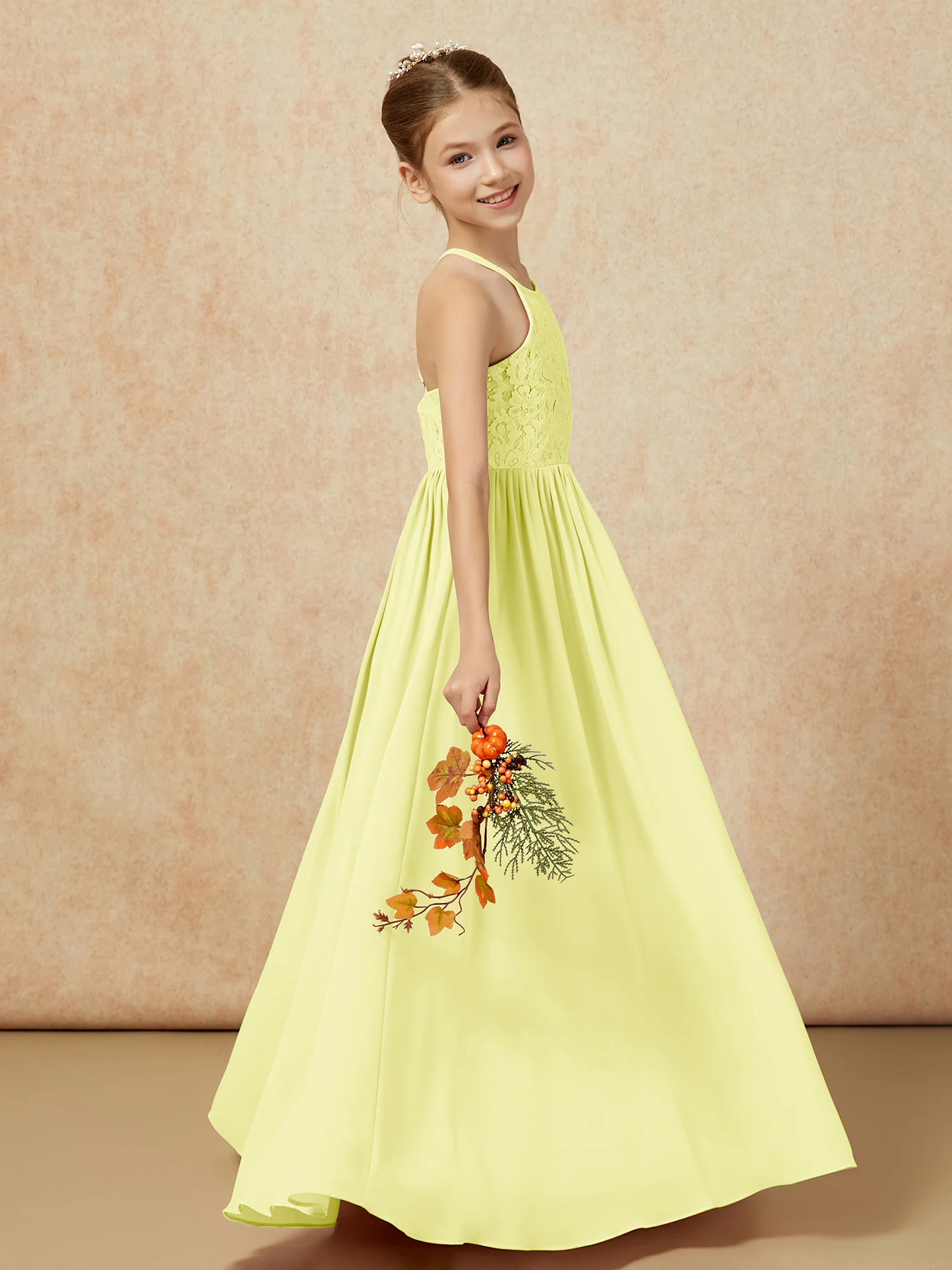 Pleated Lace Chiffion Long Junior Bridesmaid Dress Daffodil - Image 6