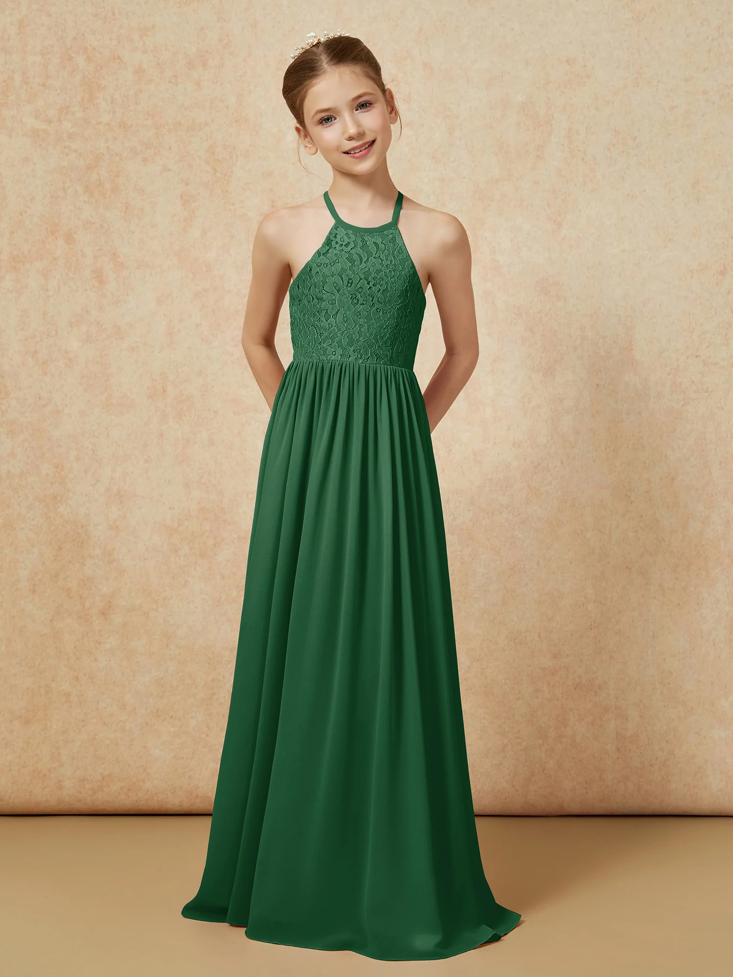 Pleated Lace Chiffion Long Junior Bridesmaid Dress Dark Green - Image 4