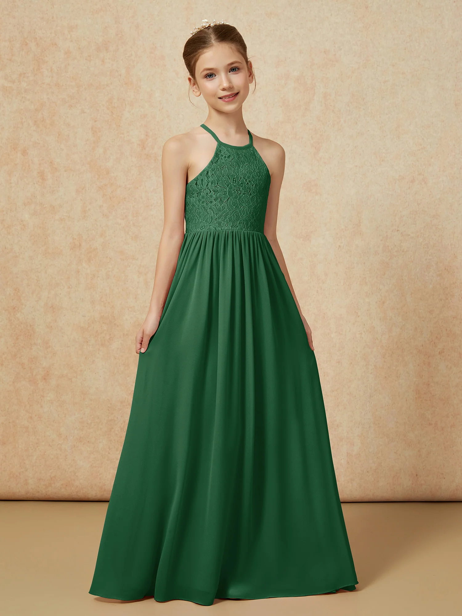 Pleated Lace Chiffion Long Junior Bridesmaid Dress Dark Green - Image 5