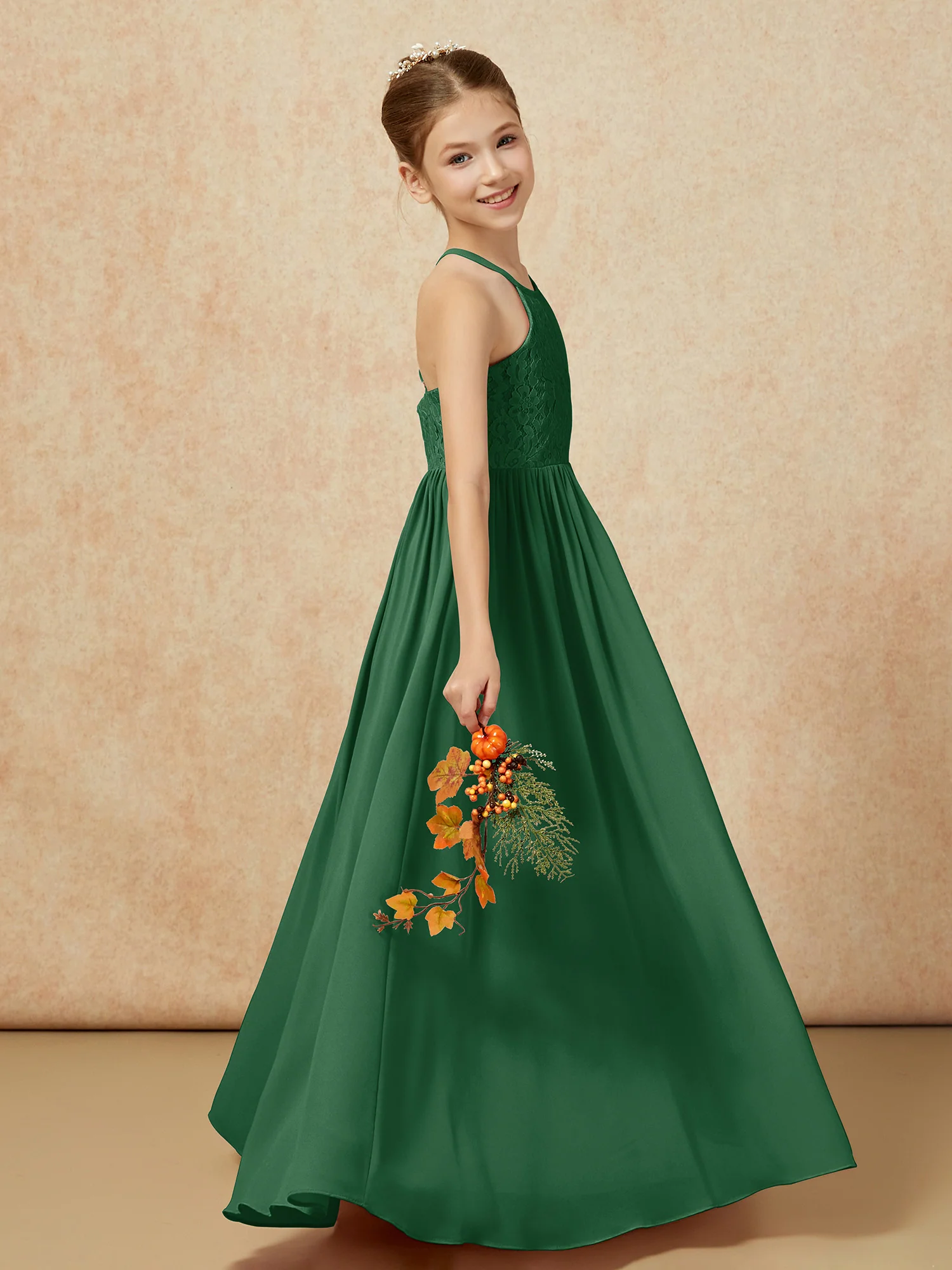 Pleated Lace Chiffion Long Junior Bridesmaid Dress Dark Green - Image 6