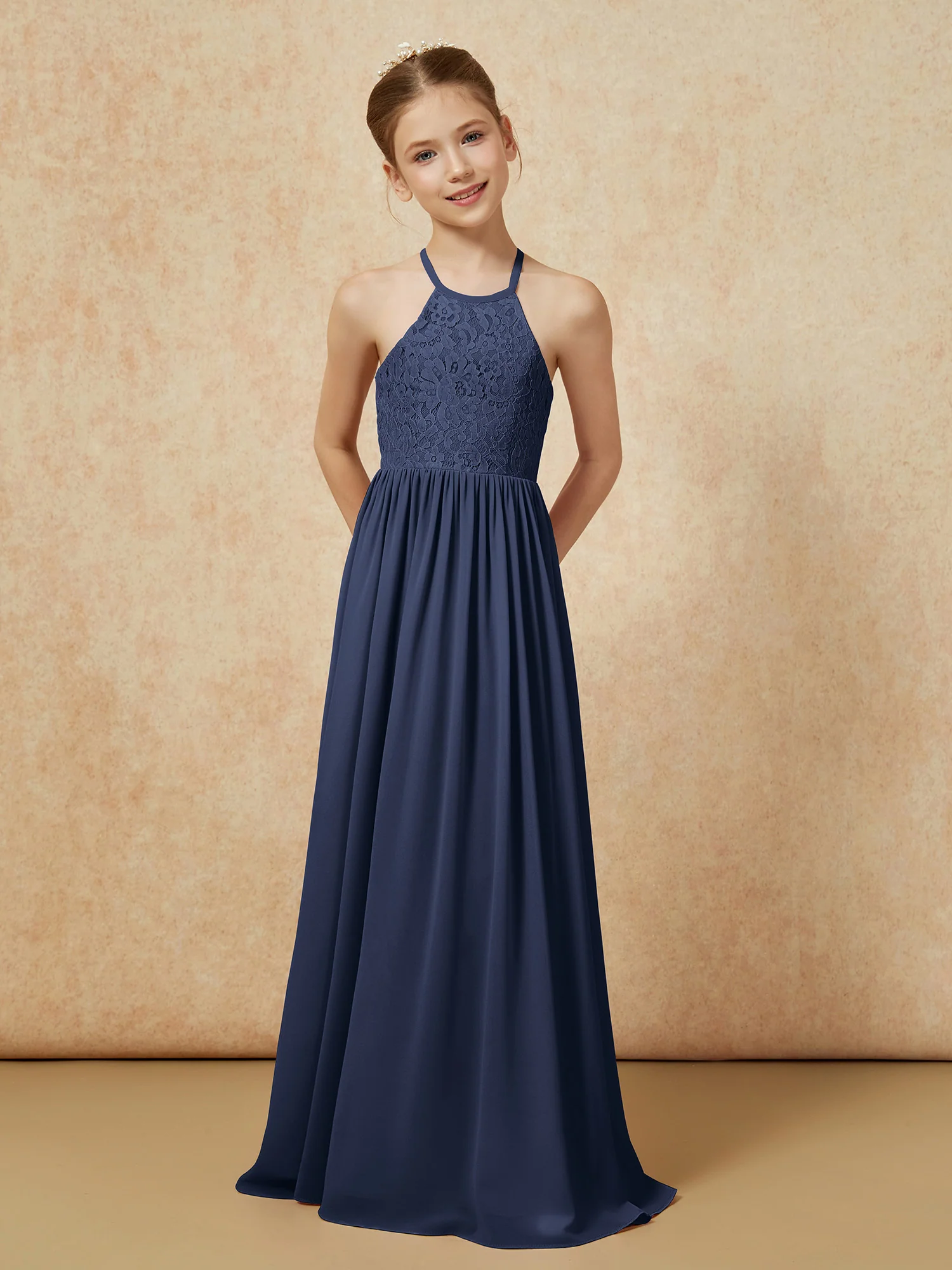Pleated Lace Chiffion Long Junior Bridesmaid Dress Dark Navy - Image 4