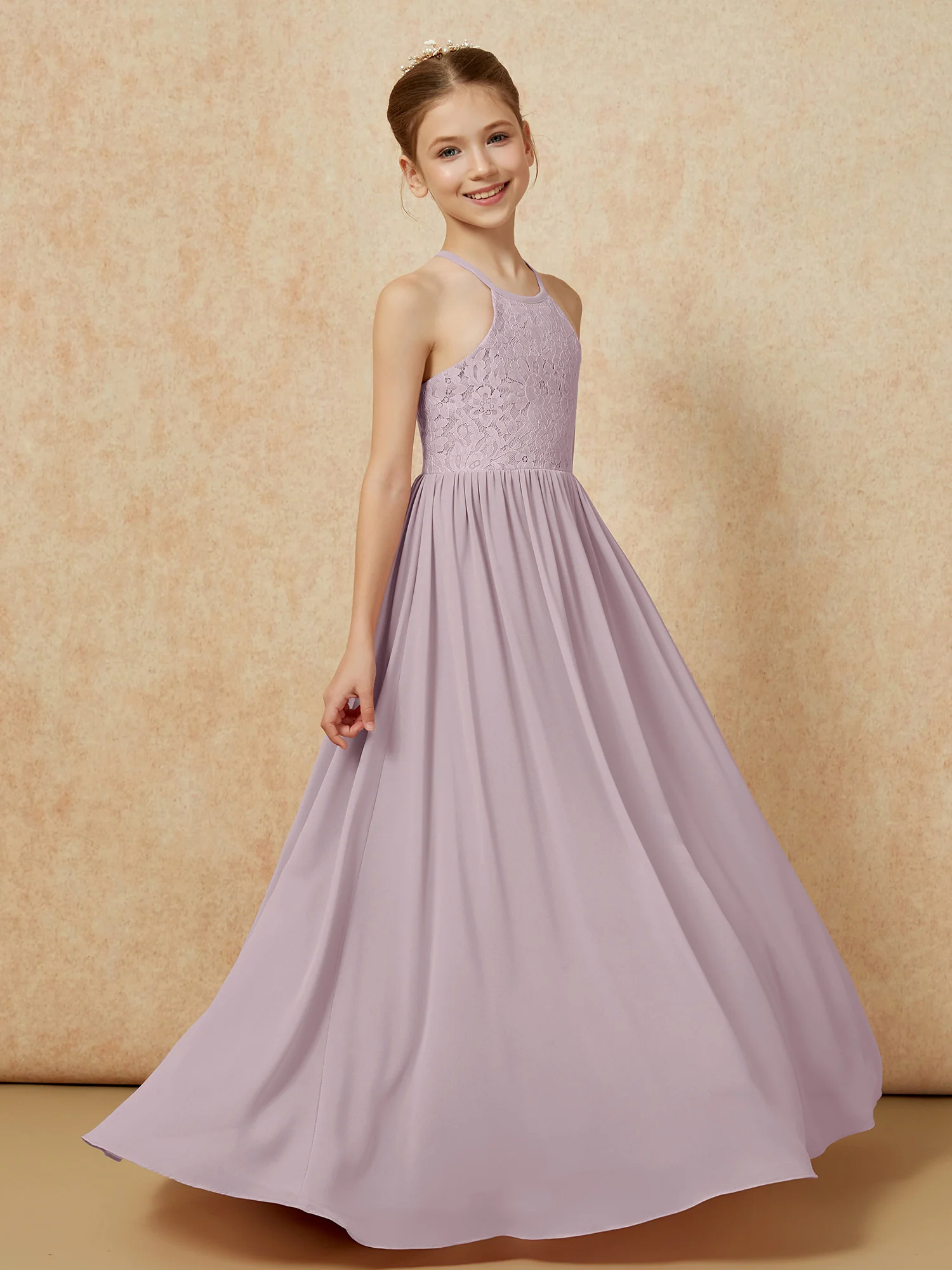 Pleated Lace Chiffion Long Junior Bridesmaid Dress Dusk - Image 3