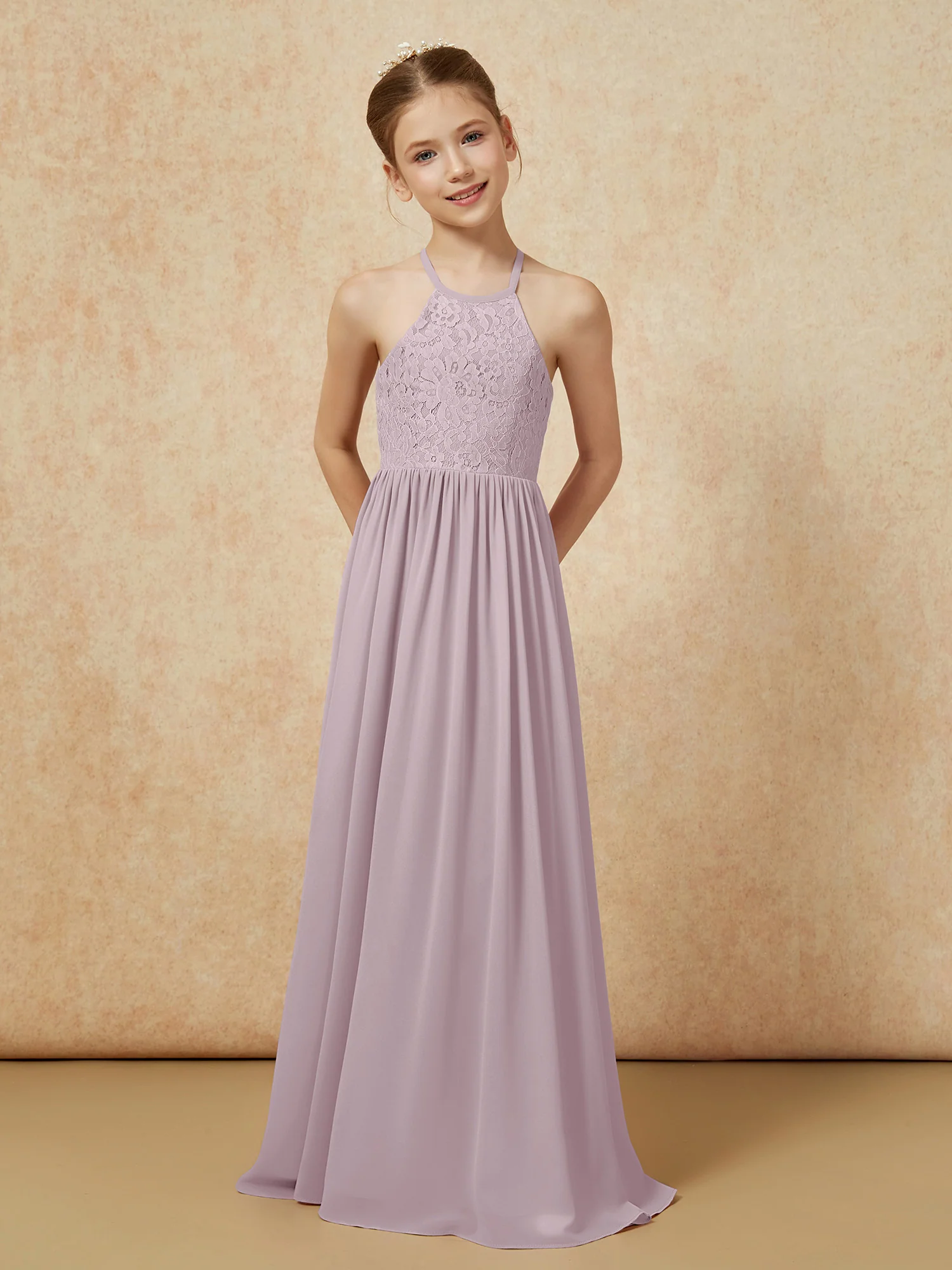 Pleated Lace Chiffion Long Junior Bridesmaid Dress Dusk - Image 4