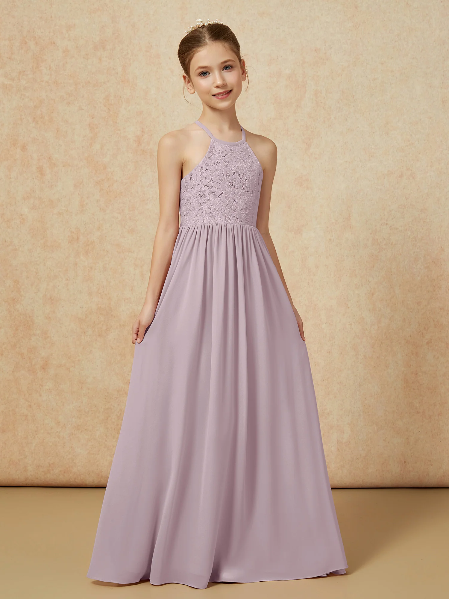 Pleated Lace Chiffion Long Junior Bridesmaid Dress Dusk - Image 5