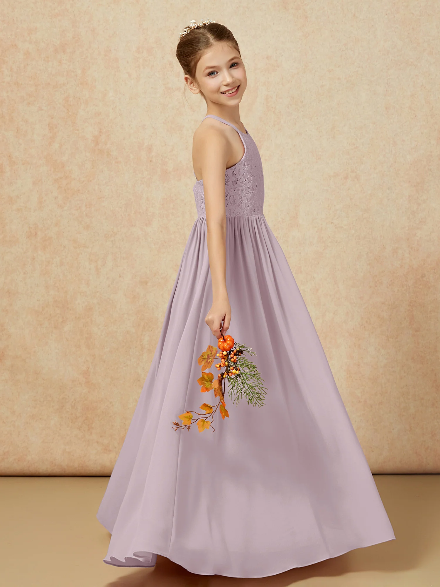 Pleated Lace Chiffion Long Junior Bridesmaid Dress Dusk - Image 6
