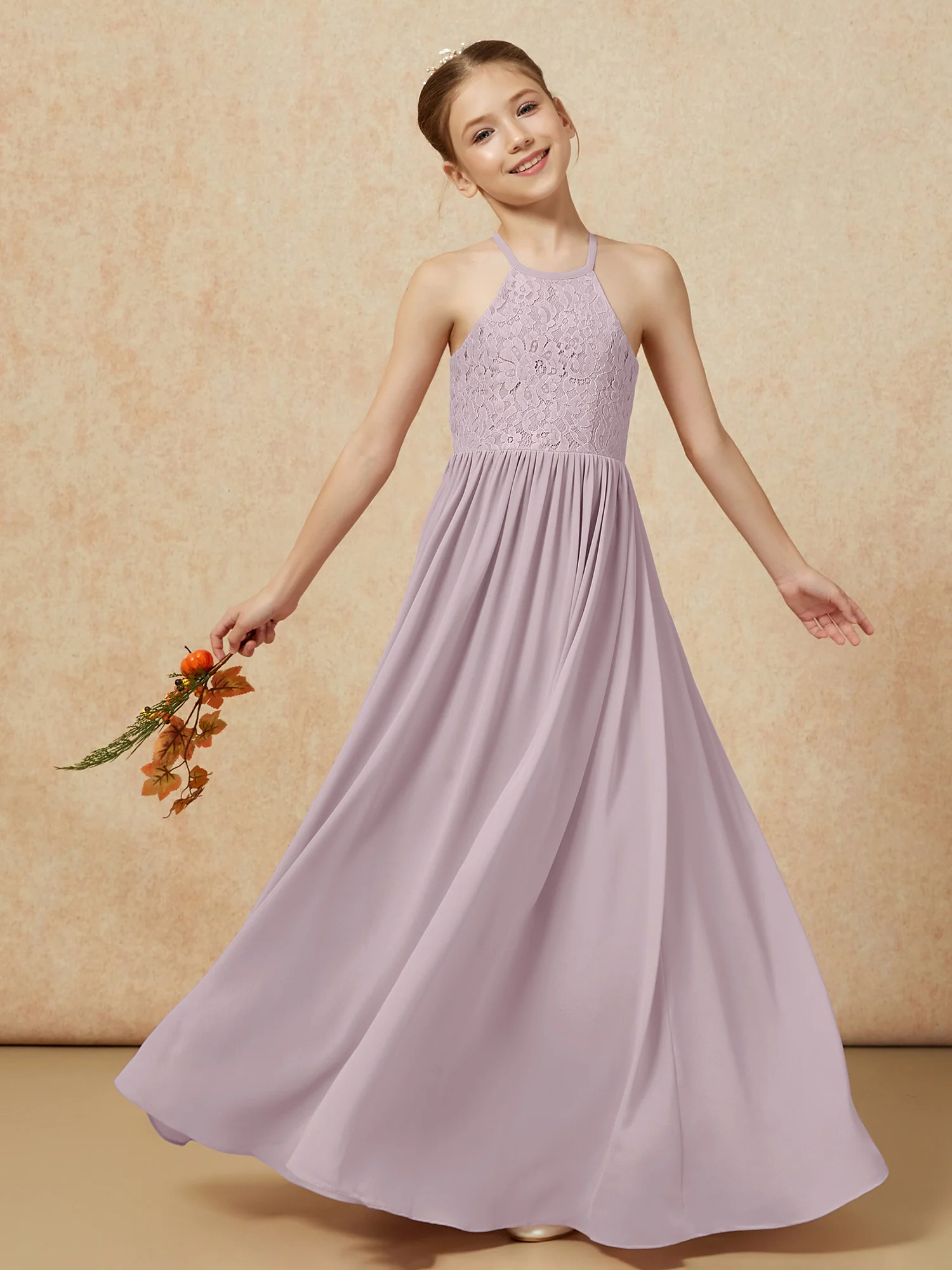 Pleated Lace Chiffion Long Junior Bridesmaid Dress Dusk - Image 7
