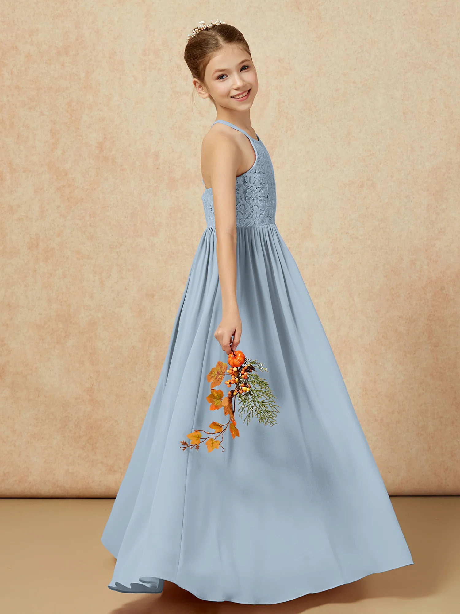 Pleated Lace Chiffion Long Junior Bridesmaid Dress Dusty Blue - Image 6