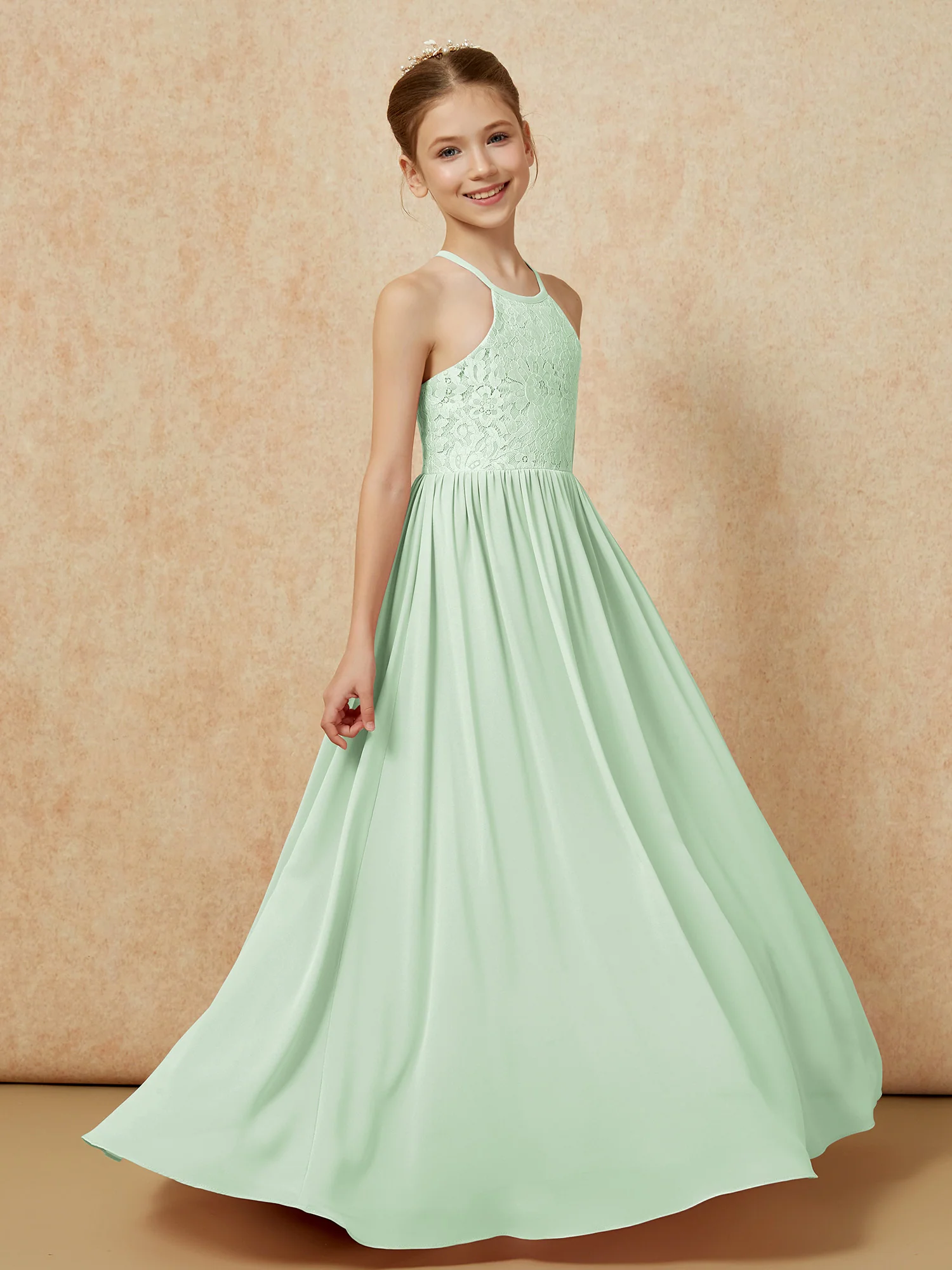 Pleated Lace Chiffion Long Junior Bridesmaid Dress Dusty Sage - Image 3
