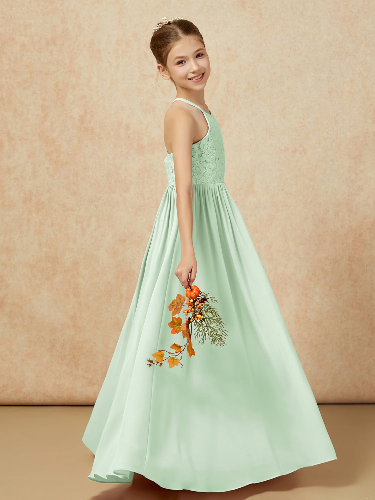 Pleated Lace Chiffion Long Junior Bridesmaid Dress Dusty Sage - Image 6