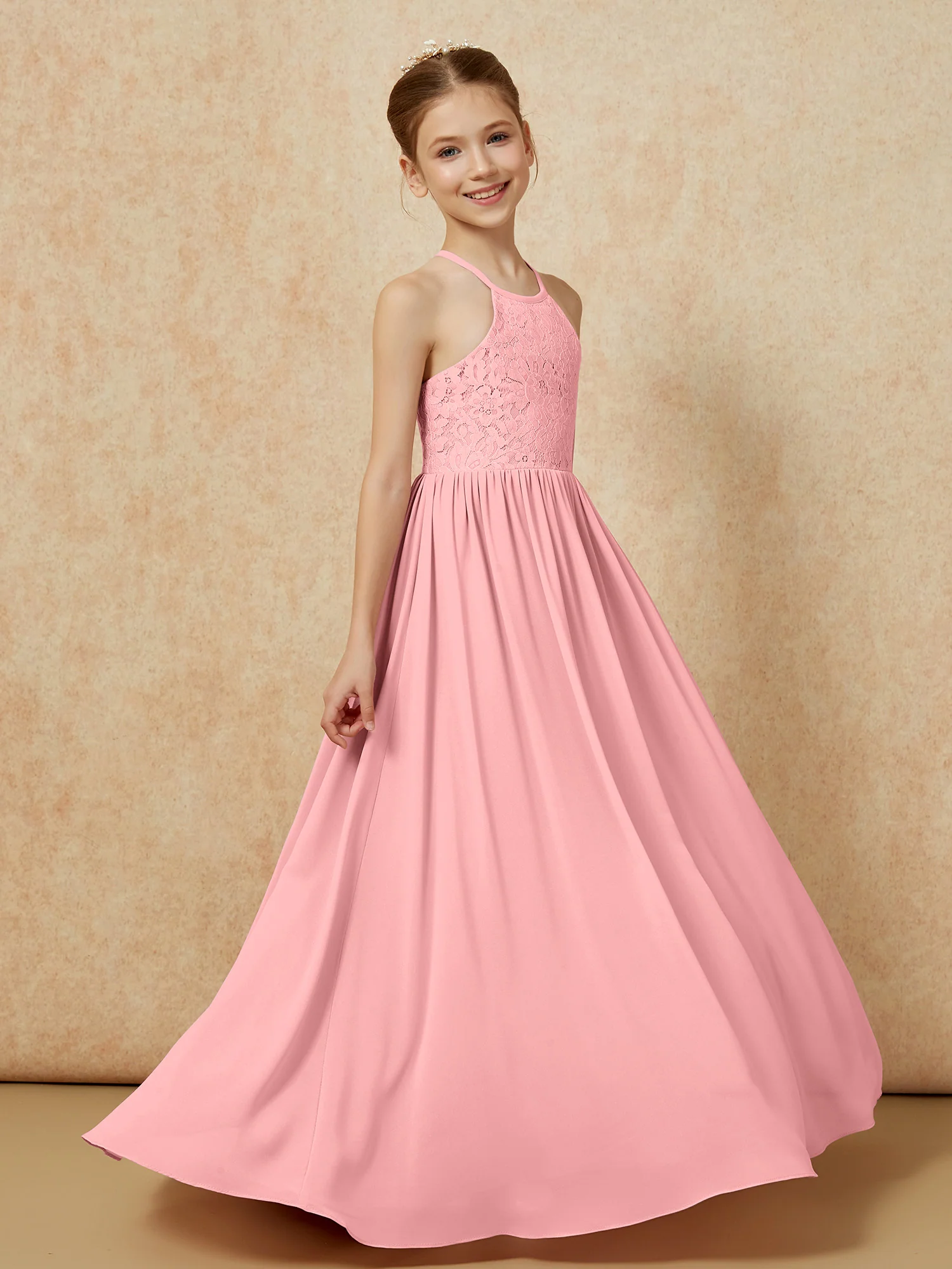 Pleated Lace Chiffion Long Junior Bridesmaid Dress Flamingo - Image 3