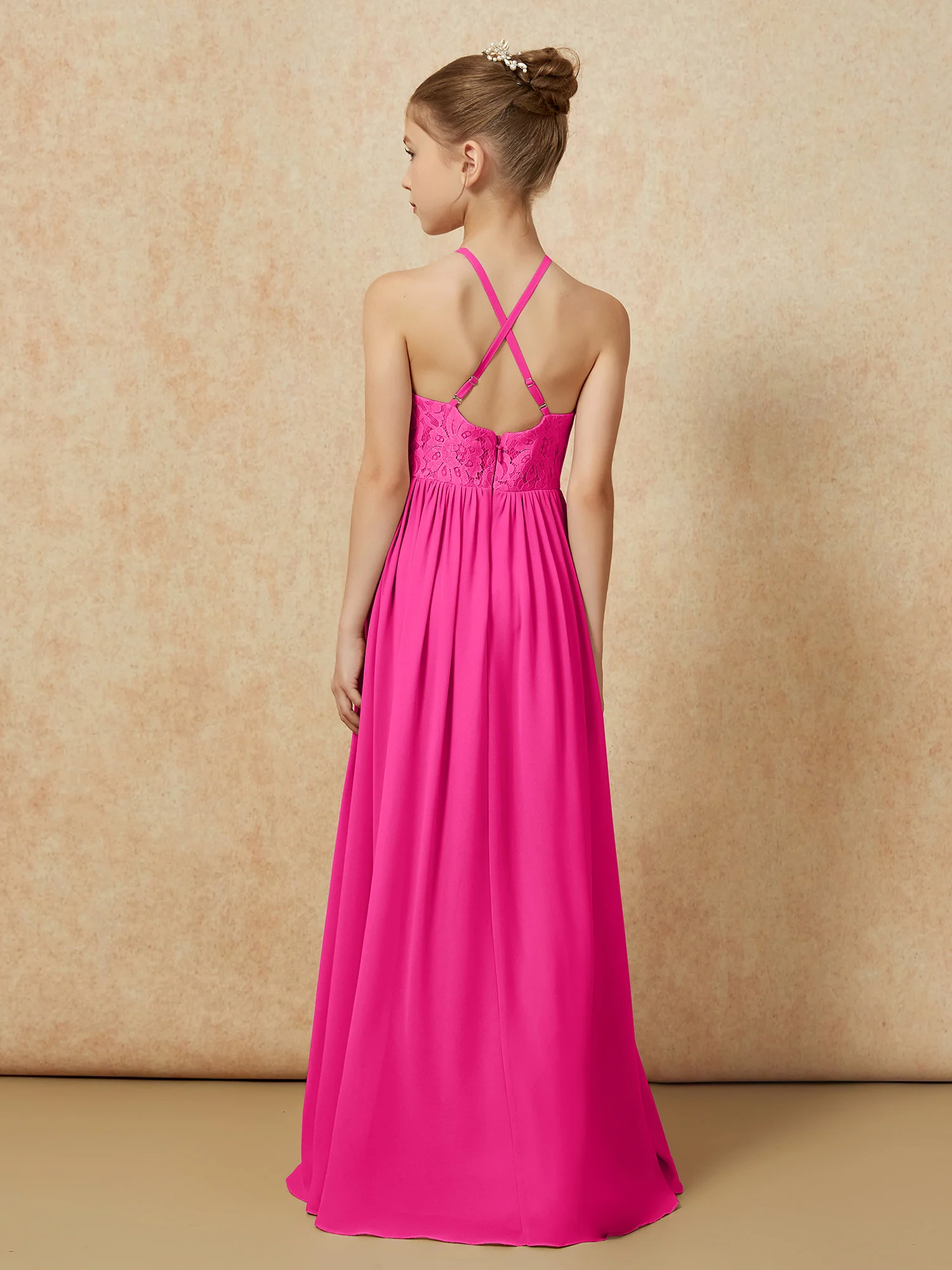 Pleated Lace Chiffion Long Junior Bridesmaid Dress Fuchsia - Image 2