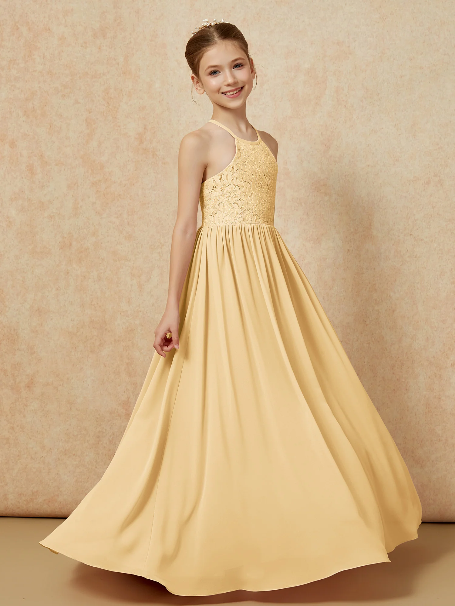 Pleated Lace Chiffion Long Junior Bridesmaid Dress Gold - Image 3