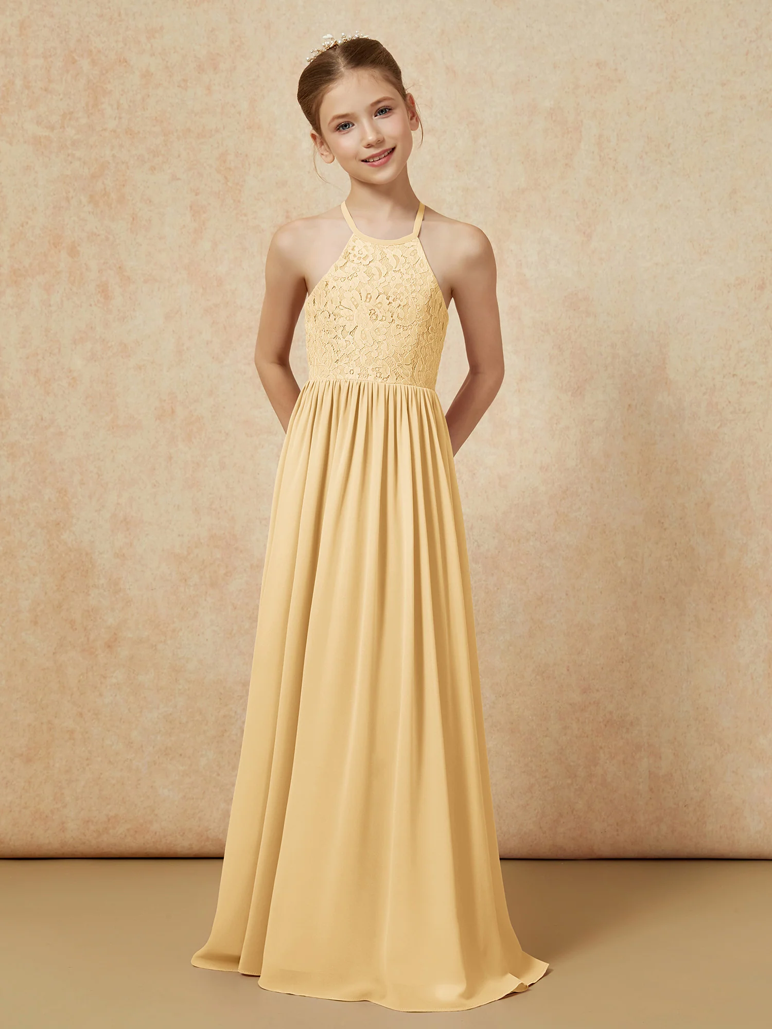 Pleated Lace Chiffion Long Junior Bridesmaid Dress Gold - Image 4