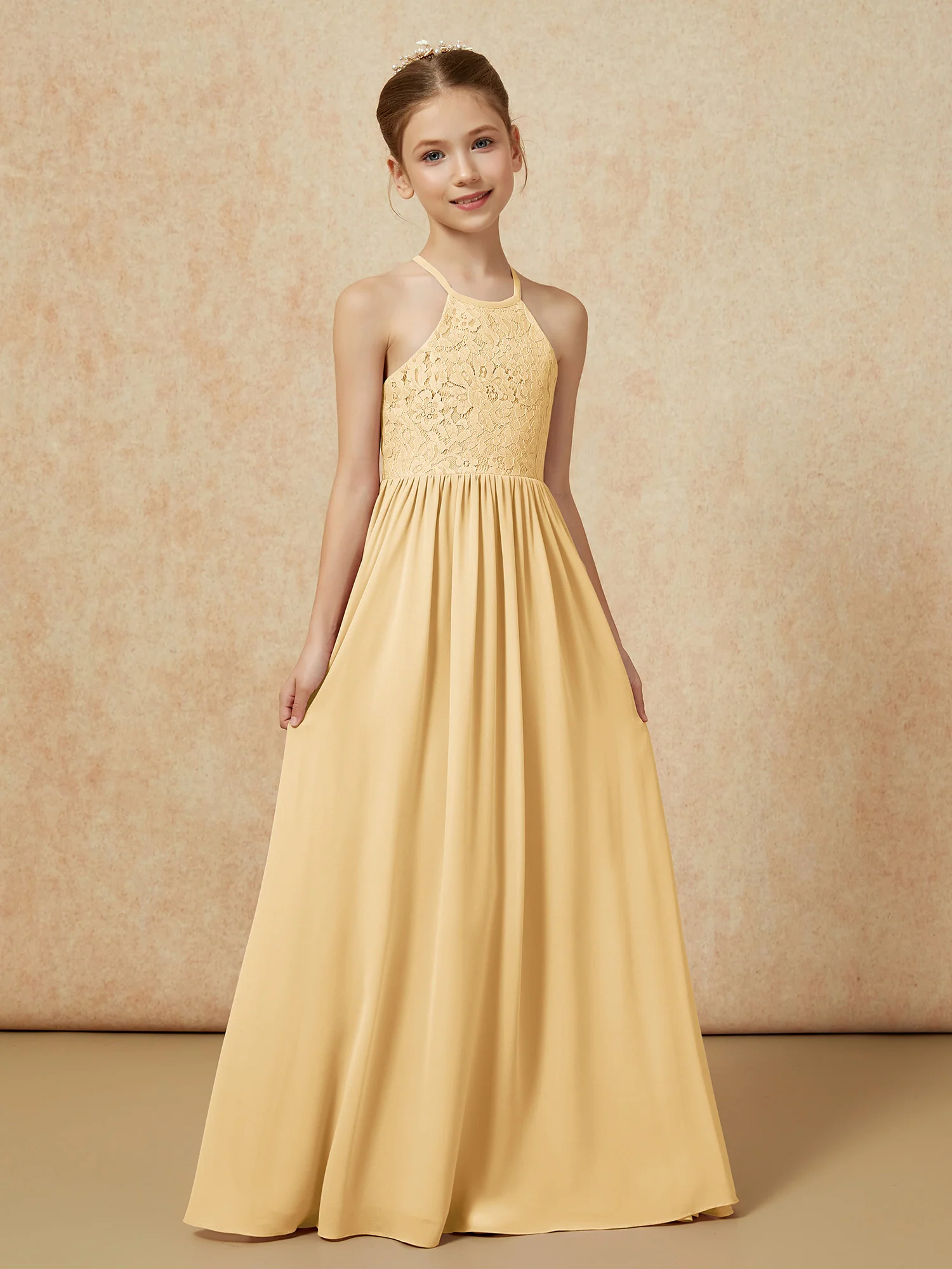 Pleated Lace Chiffion Long Junior Bridesmaid Dress Gold - Image 5
