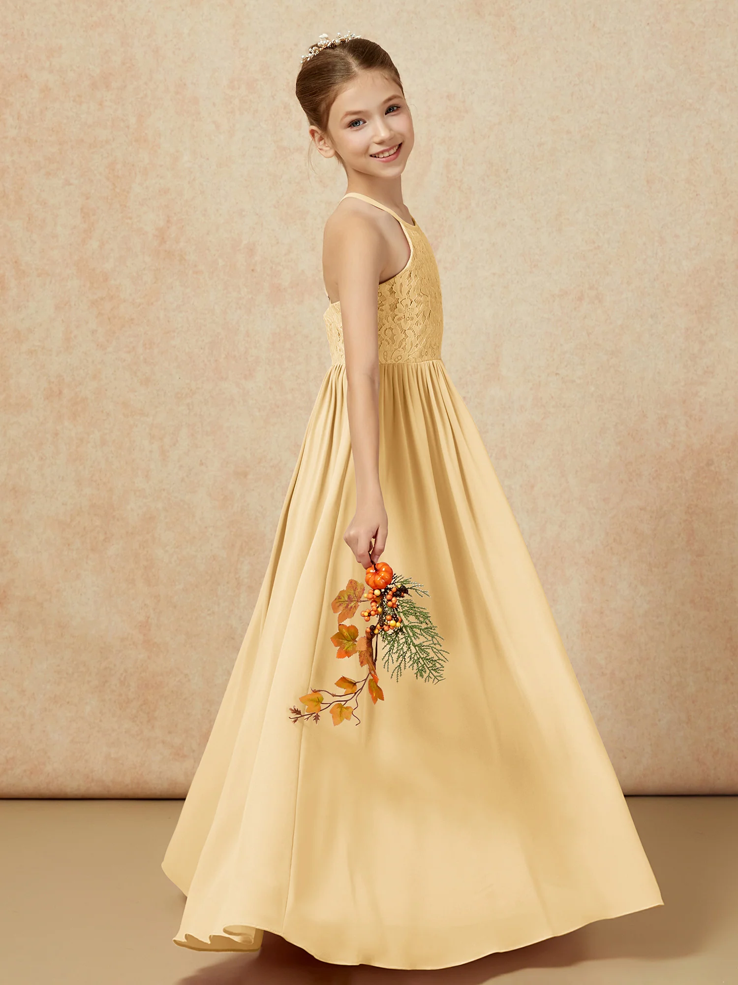 Pleated Lace Chiffion Long Junior Bridesmaid Dress Gold - Image 6