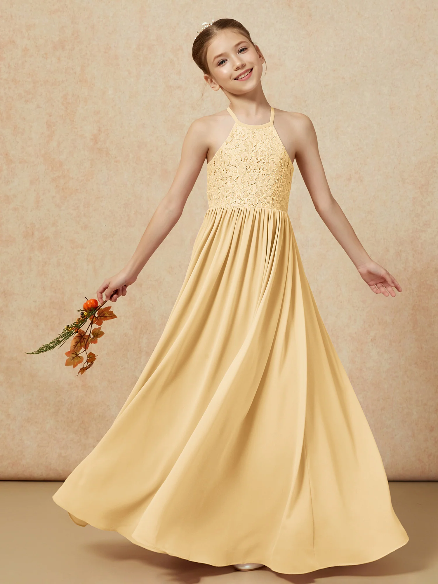 Pleated Lace Chiffion Long Junior Bridesmaid Dress Gold - Image 7
