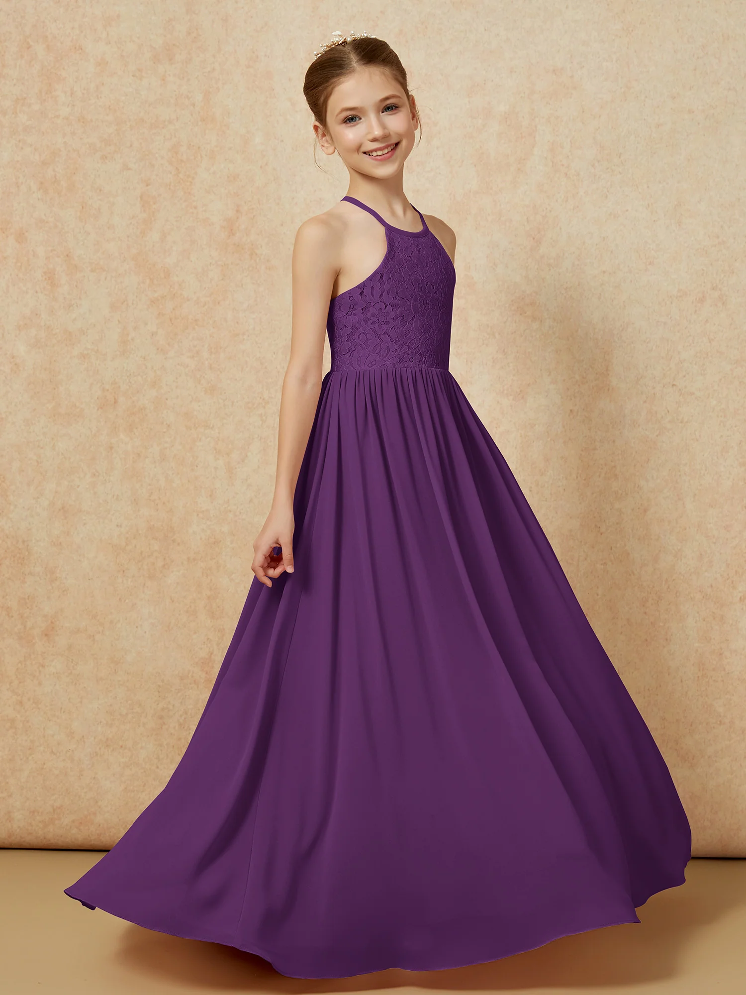 Pleated Lace Chiffion Long Junior Bridesmaid Dress Grape - Image 3