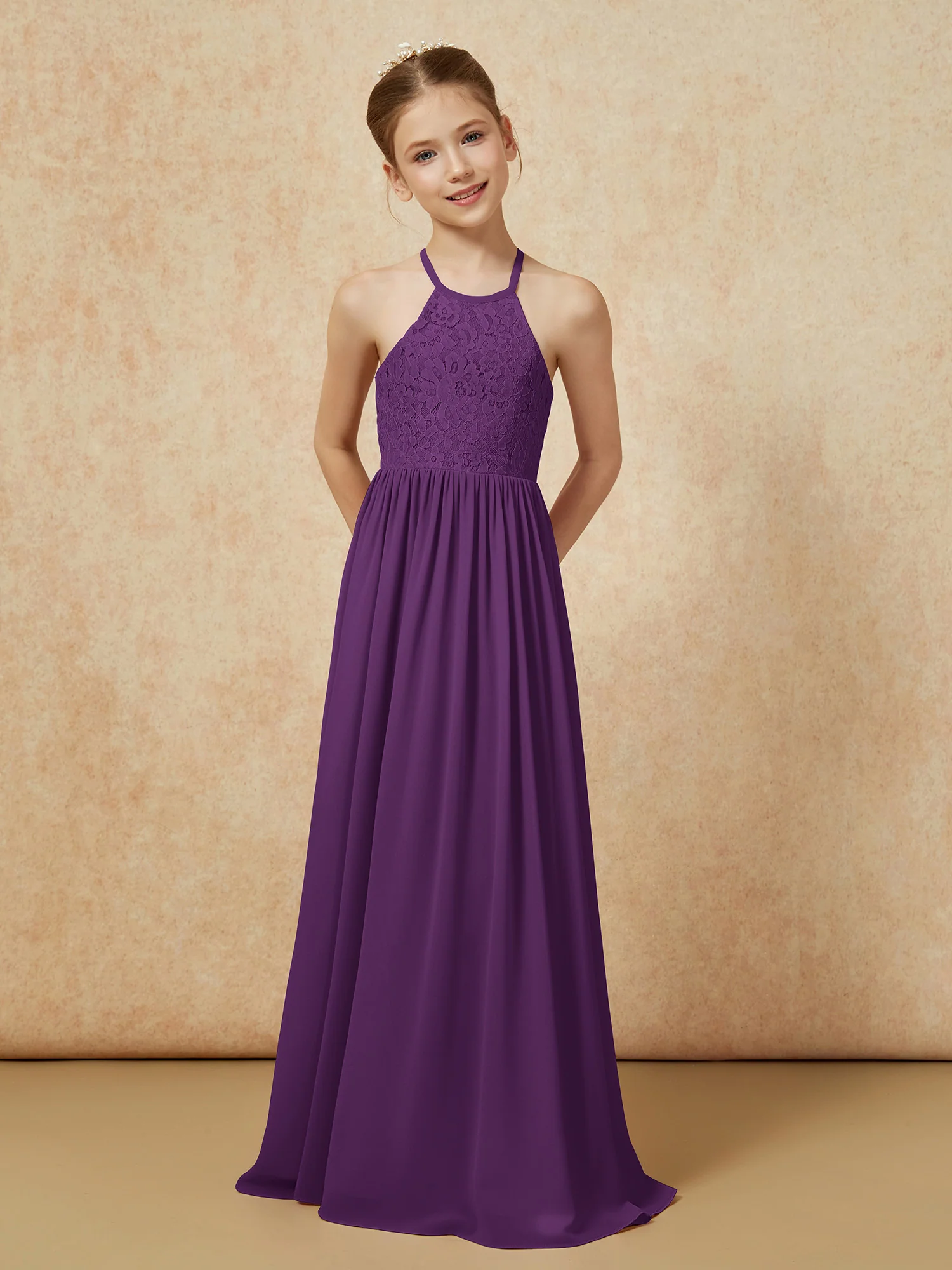 Pleated Lace Chiffion Long Junior Bridesmaid Dress Grape - Image 4