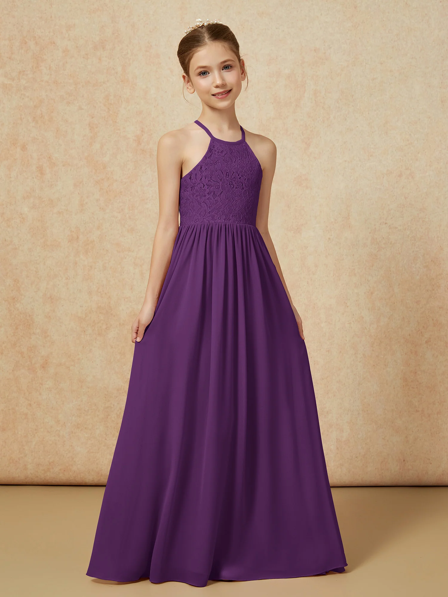 Pleated Lace Chiffion Long Junior Bridesmaid Dress Grape - Image 5