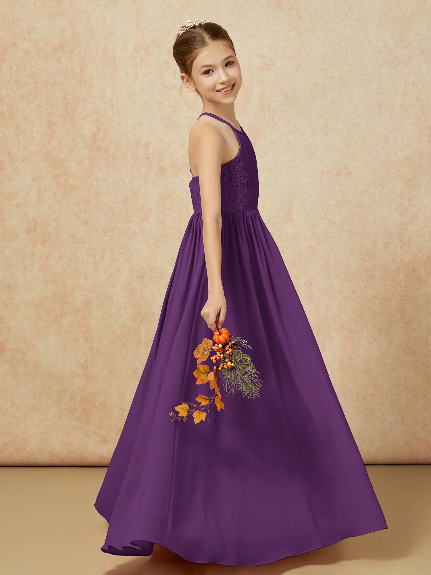 Pleated Lace Chiffion Long Junior Bridesmaid Dress Grape - Image 6