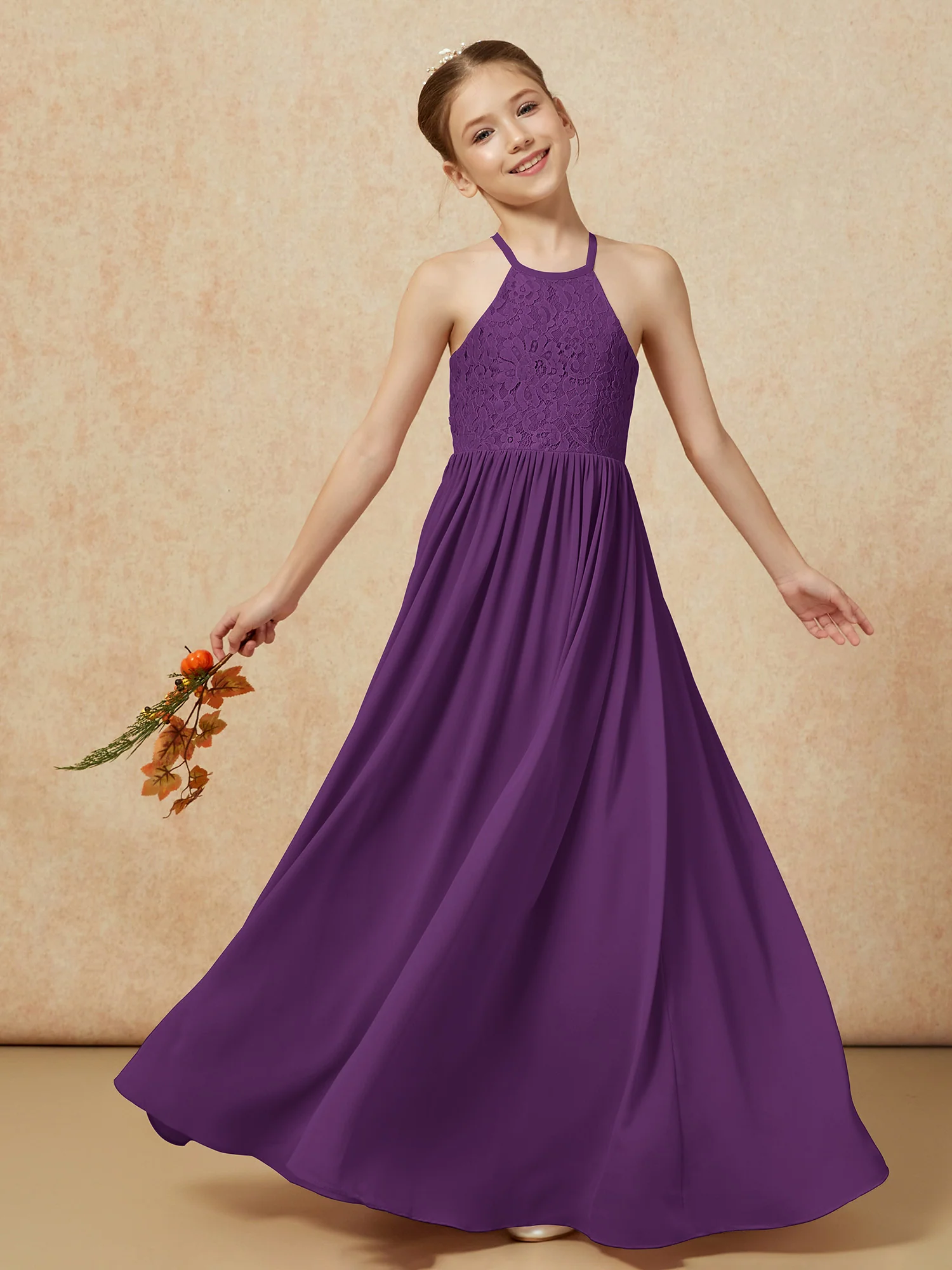 Pleated Lace Chiffion Long Junior Bridesmaid Dress Grape - Image 7