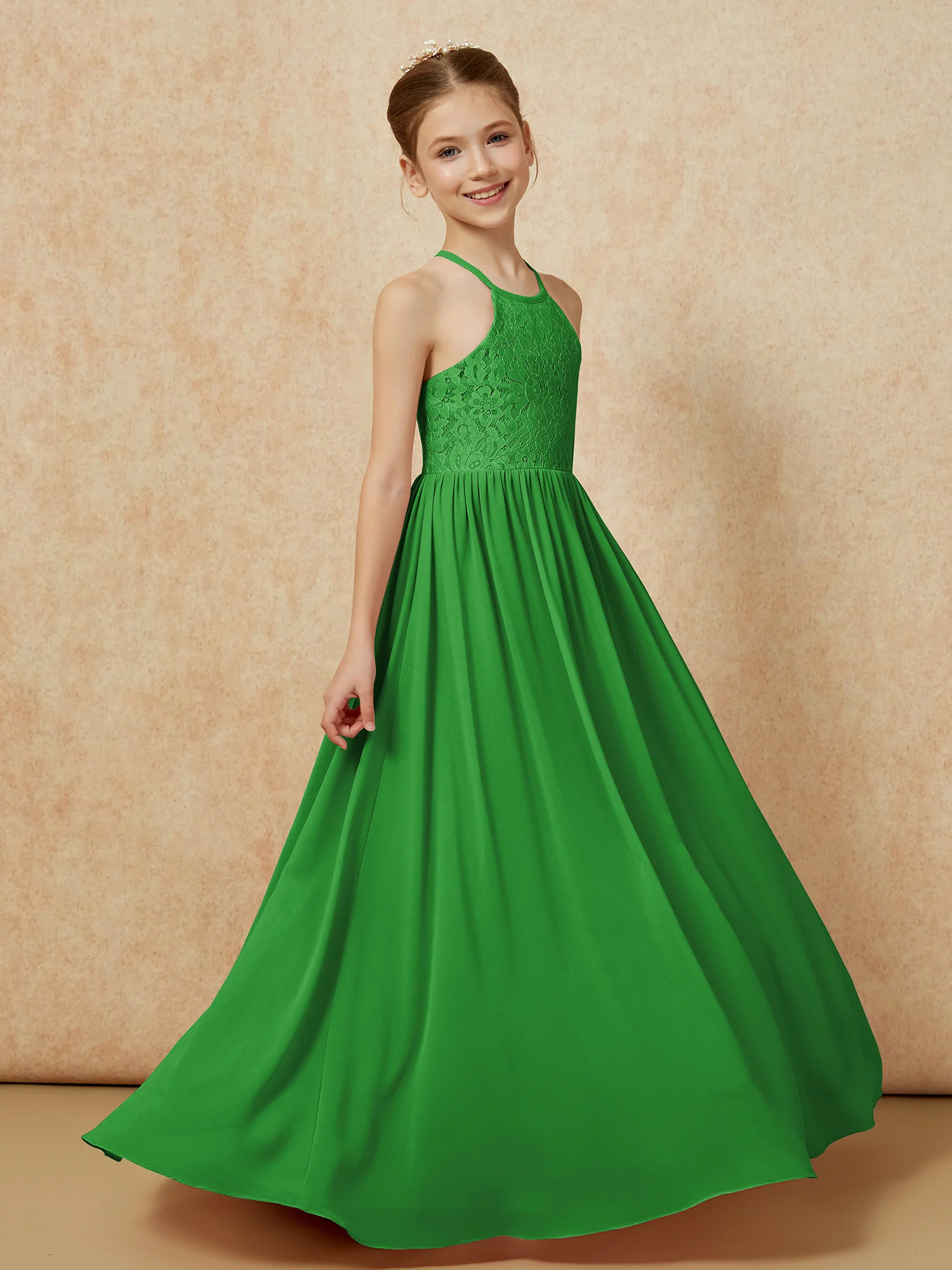 Pleated Lace Chiffion Long Junior Bridesmaid Dress Green - Image 3