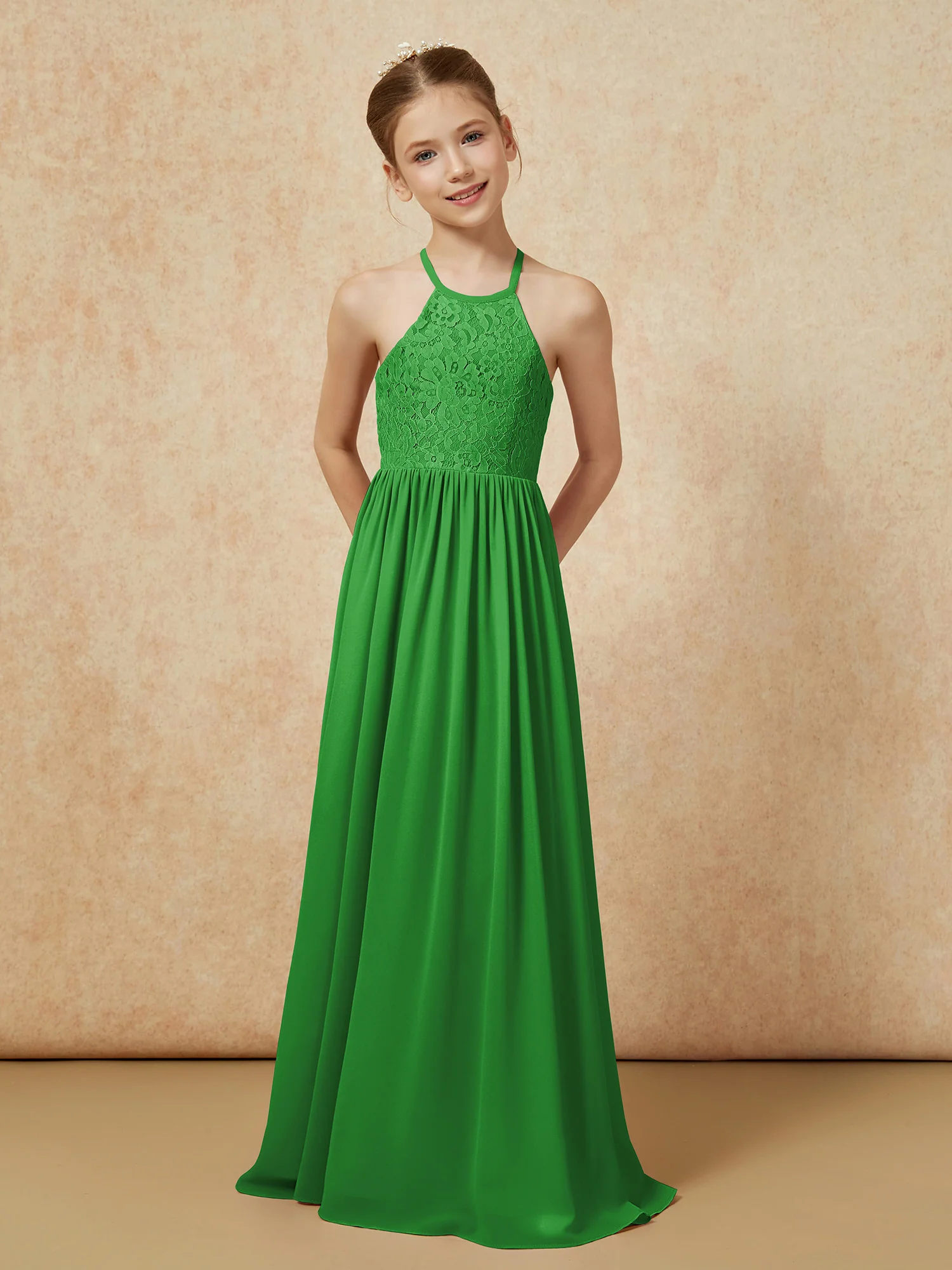 Pleated Lace Chiffion Long Junior Bridesmaid Dress Green - Image 4