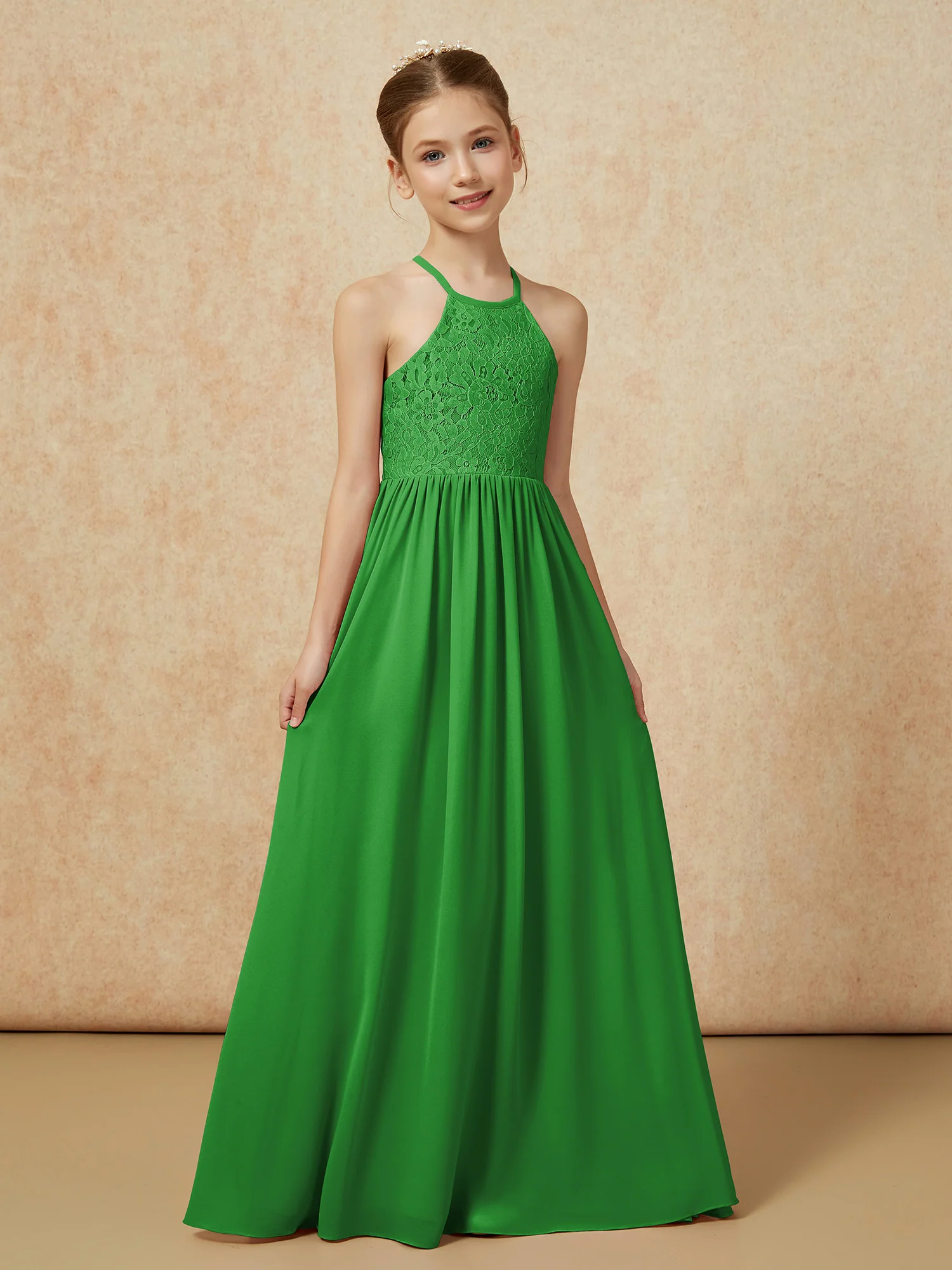 Pleated Lace Chiffion Long Junior Bridesmaid Dress Green - Image 5